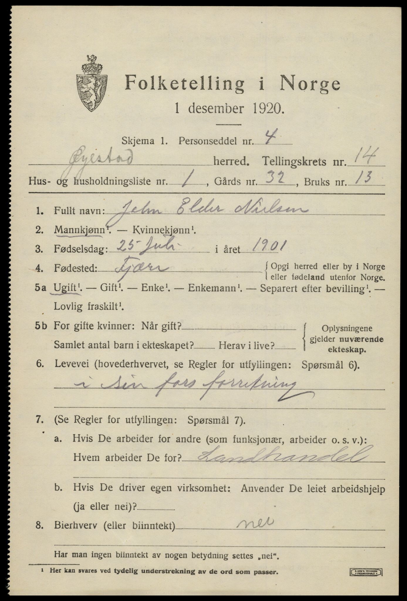 SAK, 1920 census for Øyestad, 1920, p. 9262