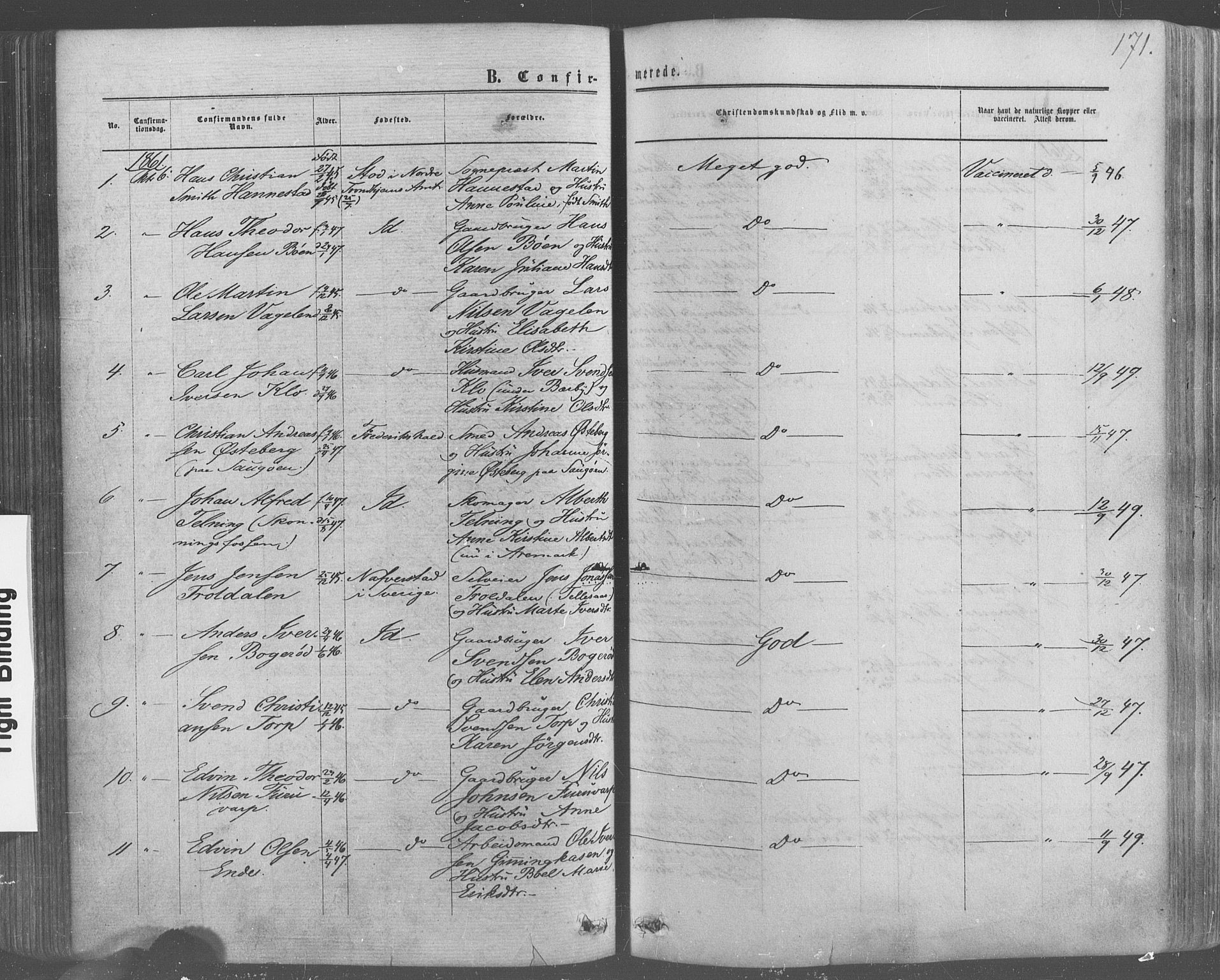 Idd prestekontor Kirkebøker, SAO/A-10911/F/Fc/L0005: Parish register (official) no. III 5, 1861-1877, p. 171