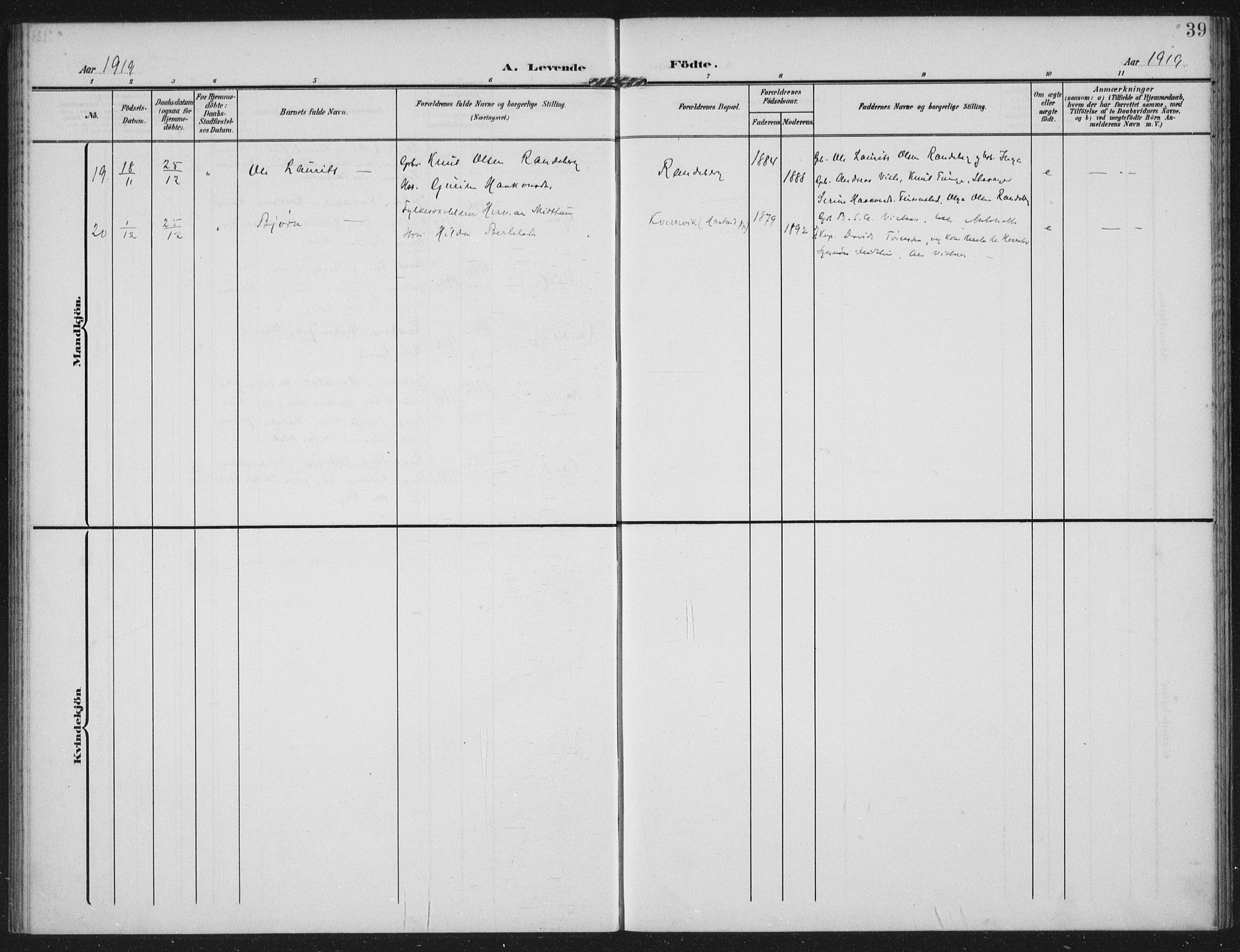 Hetland sokneprestkontor, AV/SAST-A-101826/30/30BA: Parish register (official) no. A 14, 1905-1919, p. 39