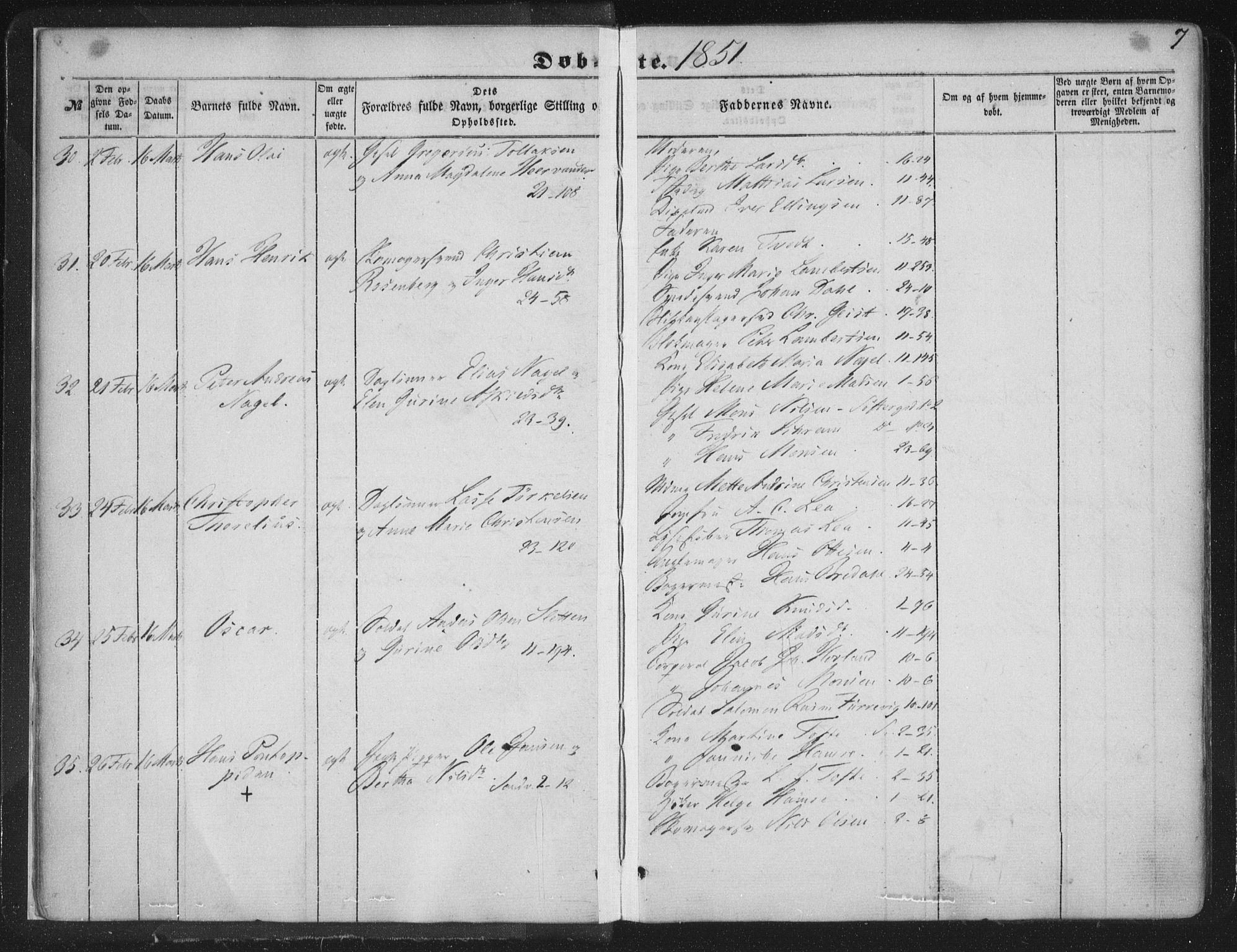 Korskirken sokneprestembete, AV/SAB-A-76101/H/Haa/L0017: Parish register (official) no. B 3, 1851-1857, p. 7