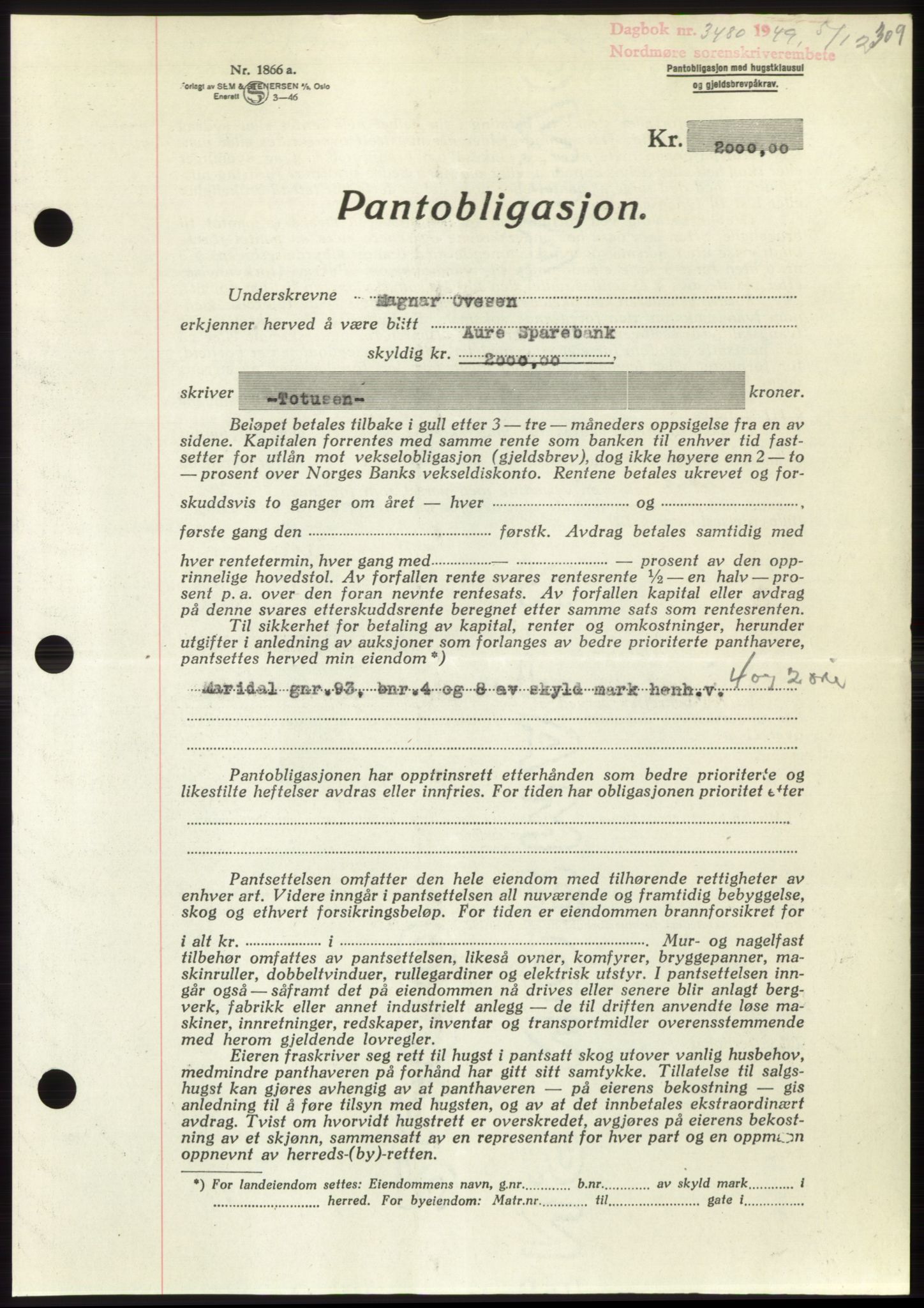 Nordmøre sorenskriveri, AV/SAT-A-4132/1/2/2Ca: Mortgage book no. B103, 1949-1950, Diary no: : 3480/1949