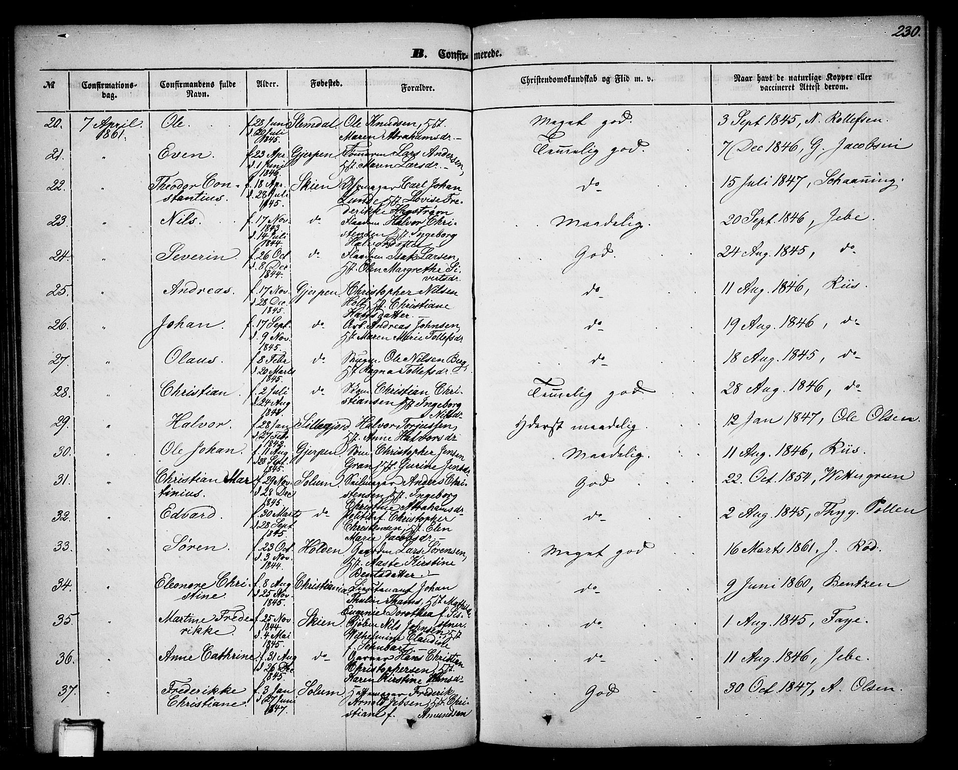 Skien kirkebøker, AV/SAKO-A-302/G/Ga/L0004: Parish register (copy) no. 4, 1843-1867, p. 230