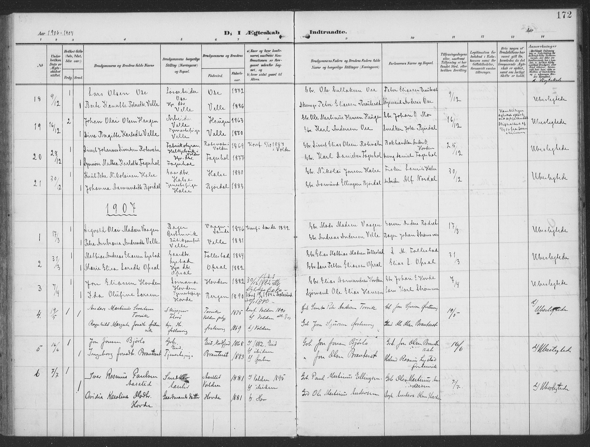 Ministerialprotokoller, klokkerbøker og fødselsregistre - Møre og Romsdal, SAT/A-1454/513/L0178: Parish register (official) no. 513A05, 1906-1919, p. 172