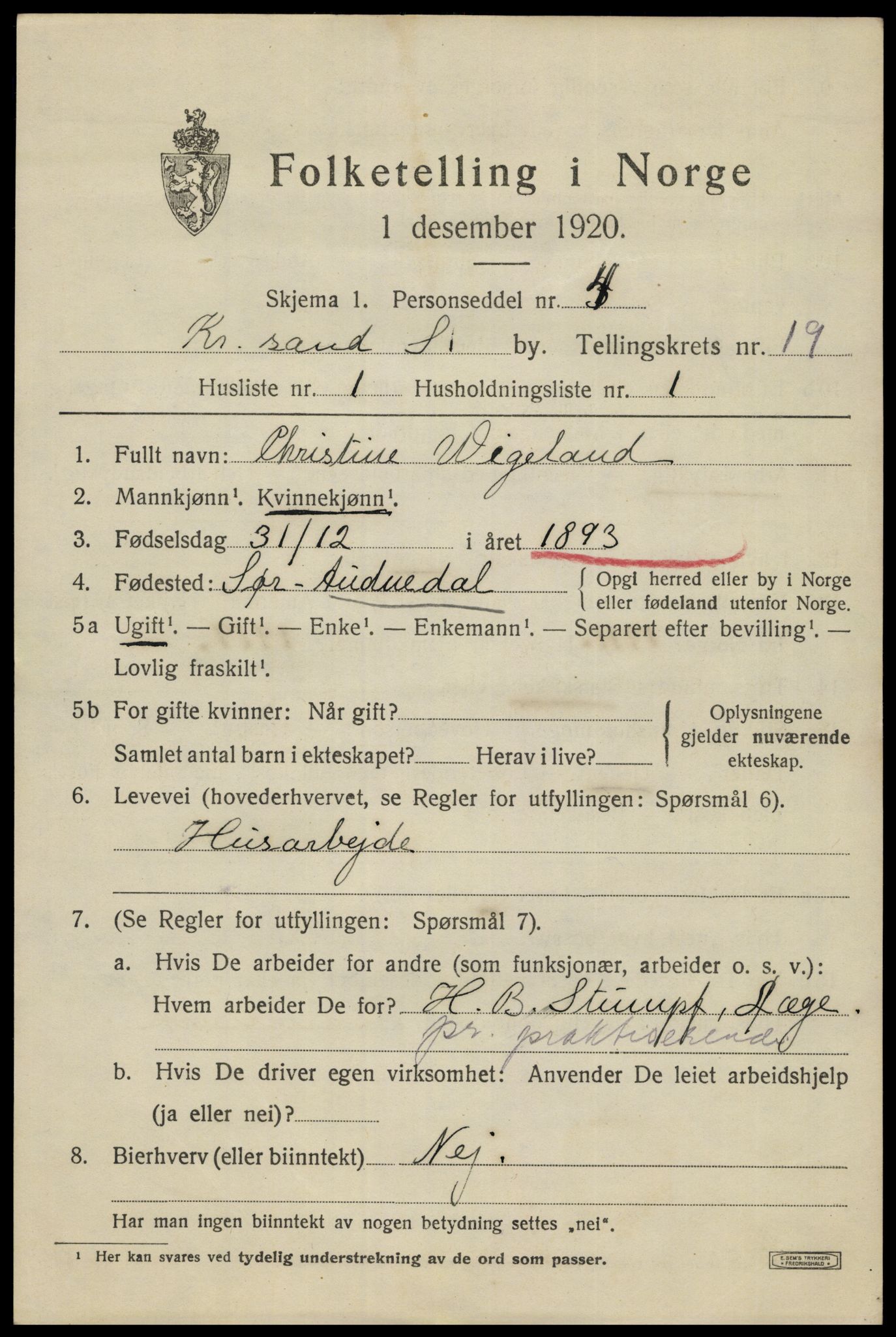 SAK, 1920 census for Kristiansand, 1920, p. 34847