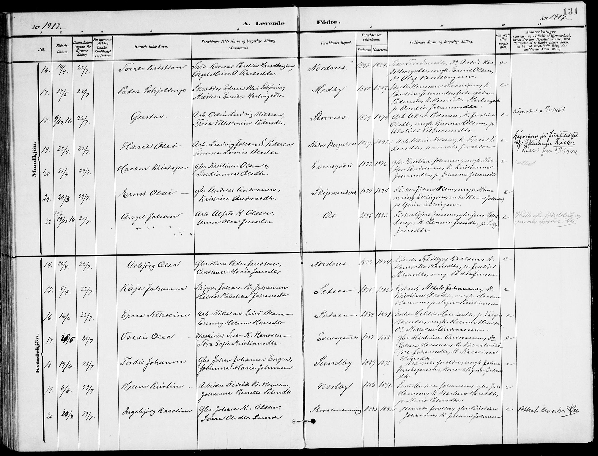 Ministerialprotokoller, klokkerbøker og fødselsregistre - Nordland, AV/SAT-A-1459/847/L0672: Parish register (official) no. 847A12, 1902-1919, p. 131