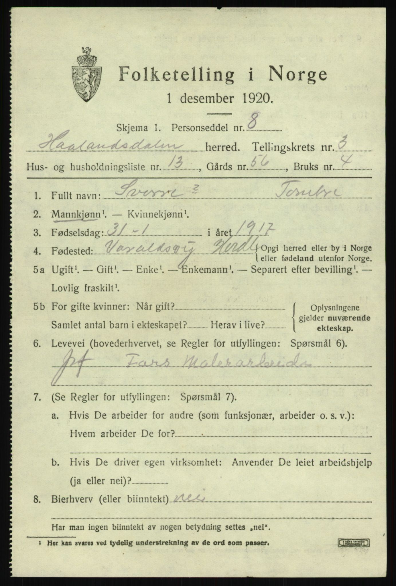 SAB, 1920 census for Hålandsdal, 1920, p. 826
