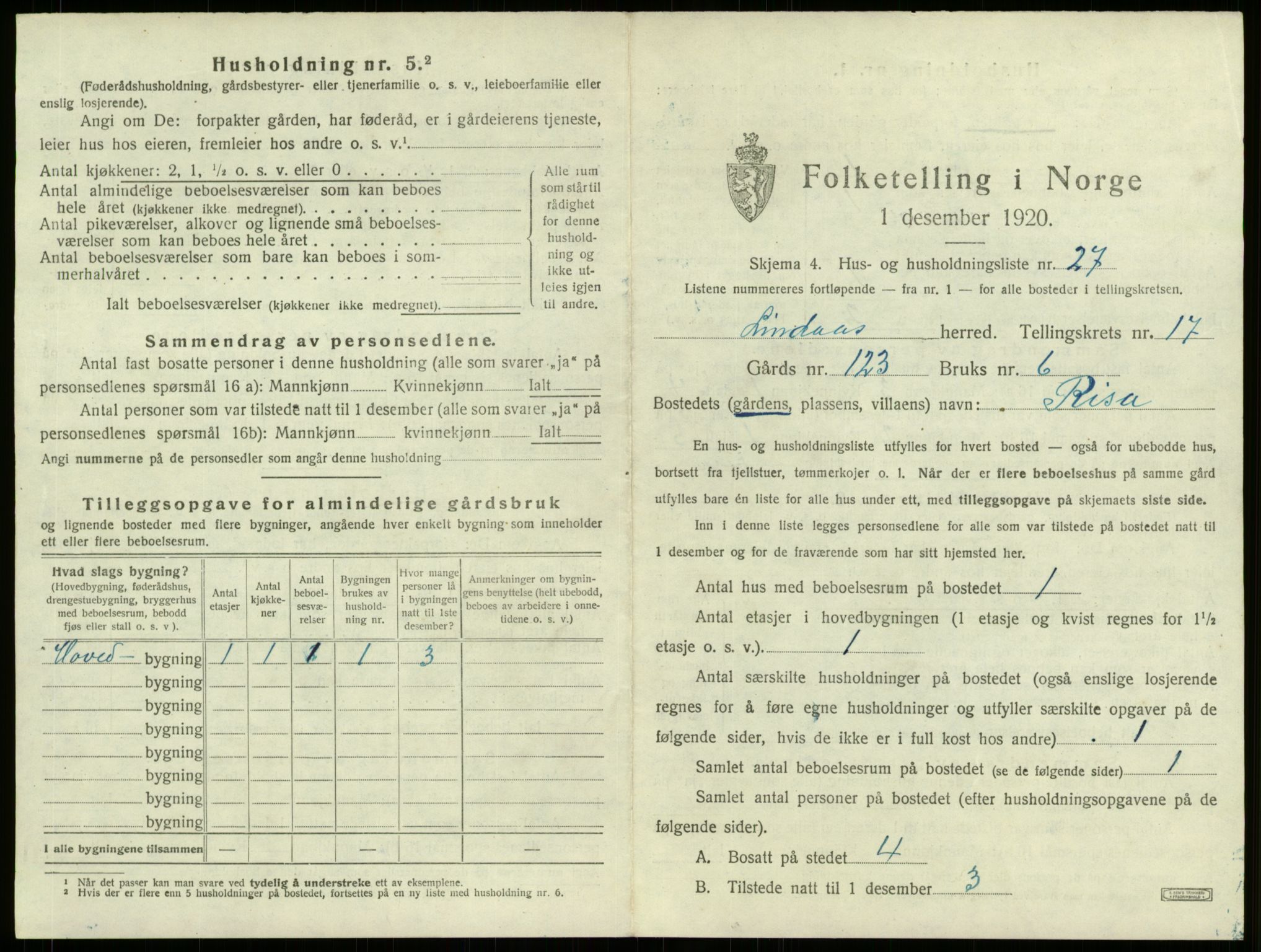 SAB, 1920 census for Lindås, 1920, p. 1273