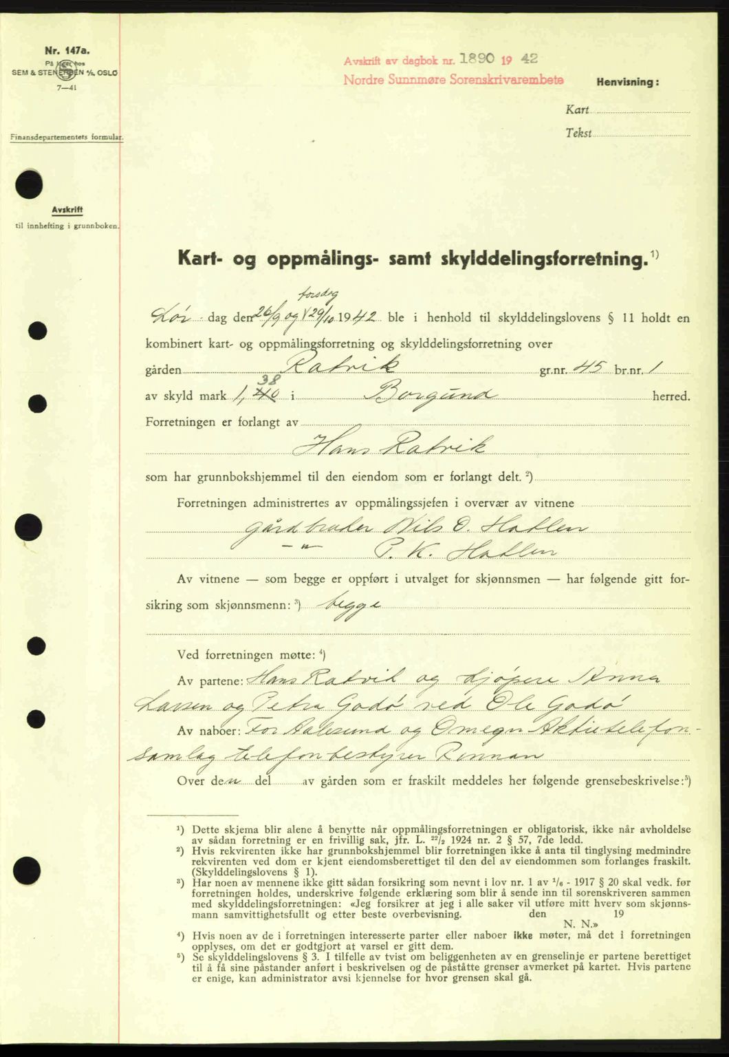 Nordre Sunnmøre sorenskriveri, AV/SAT-A-0006/1/2/2C/2Ca: Mortgage book no. A15, 1942-1943, Diary no: : 1890/1942