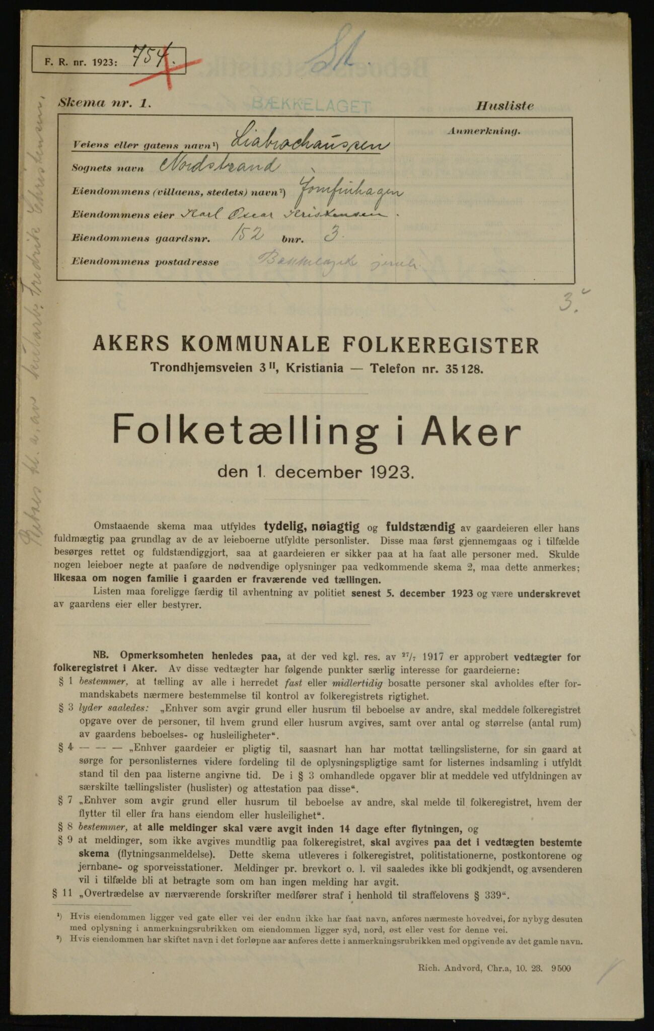 , Municipal Census 1923 for Aker, 1923, p. 41262