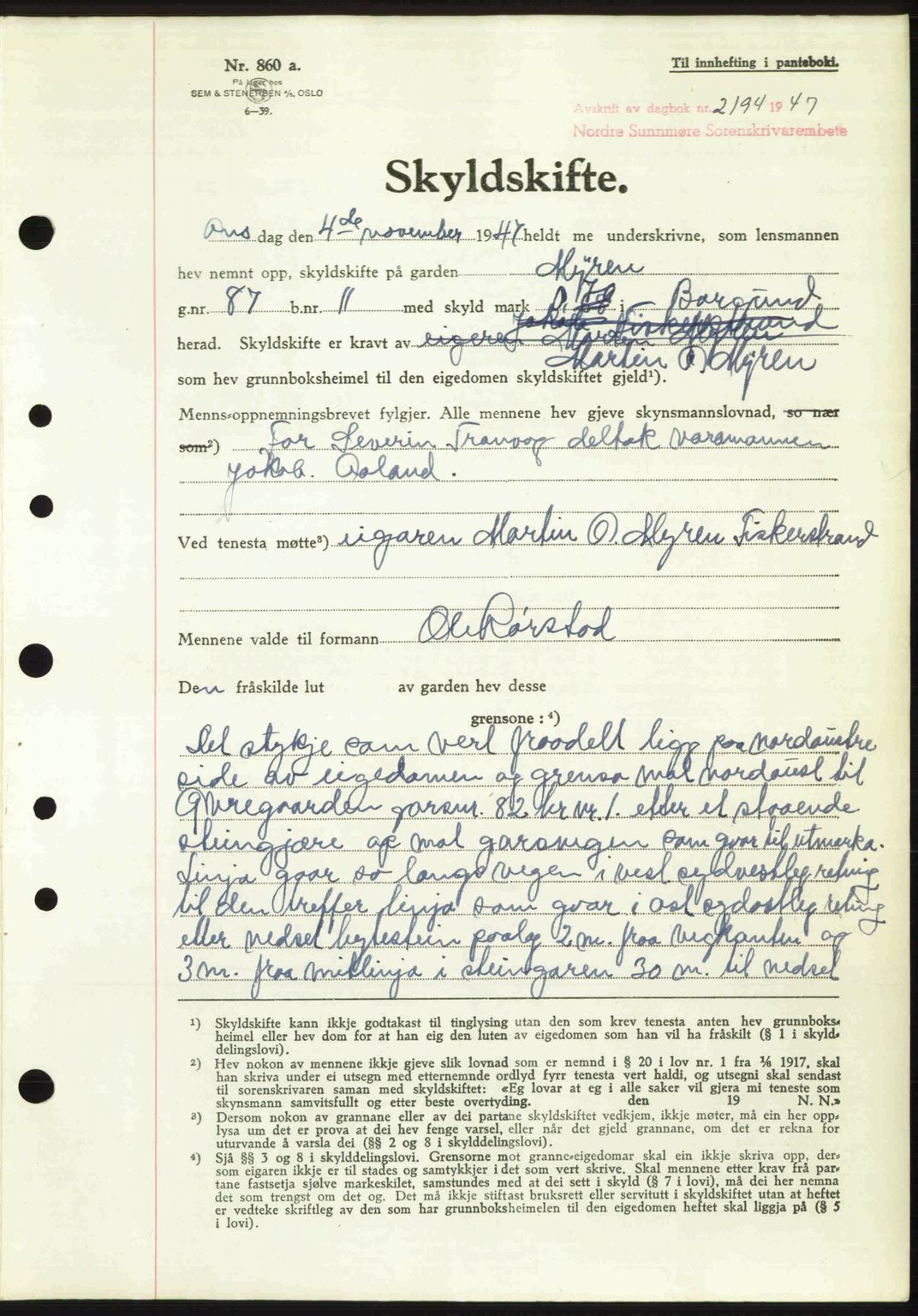 Nordre Sunnmøre sorenskriveri, AV/SAT-A-0006/1/2/2C/2Ca: Mortgage book no. A26, 1947-1948, Diary no: : 2194/1947