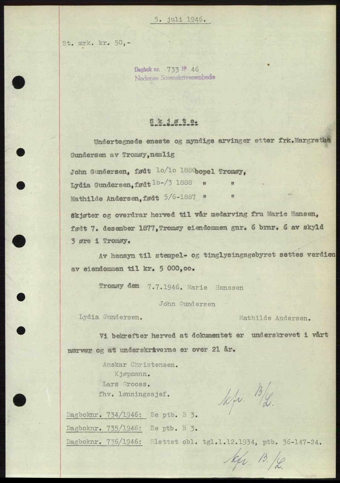 Nedenes sorenskriveri, SAK/1221-0006/G/Gb/Gba/L0055: Mortgage book no. A7, 1946-1946, Diary no: : 733/1946