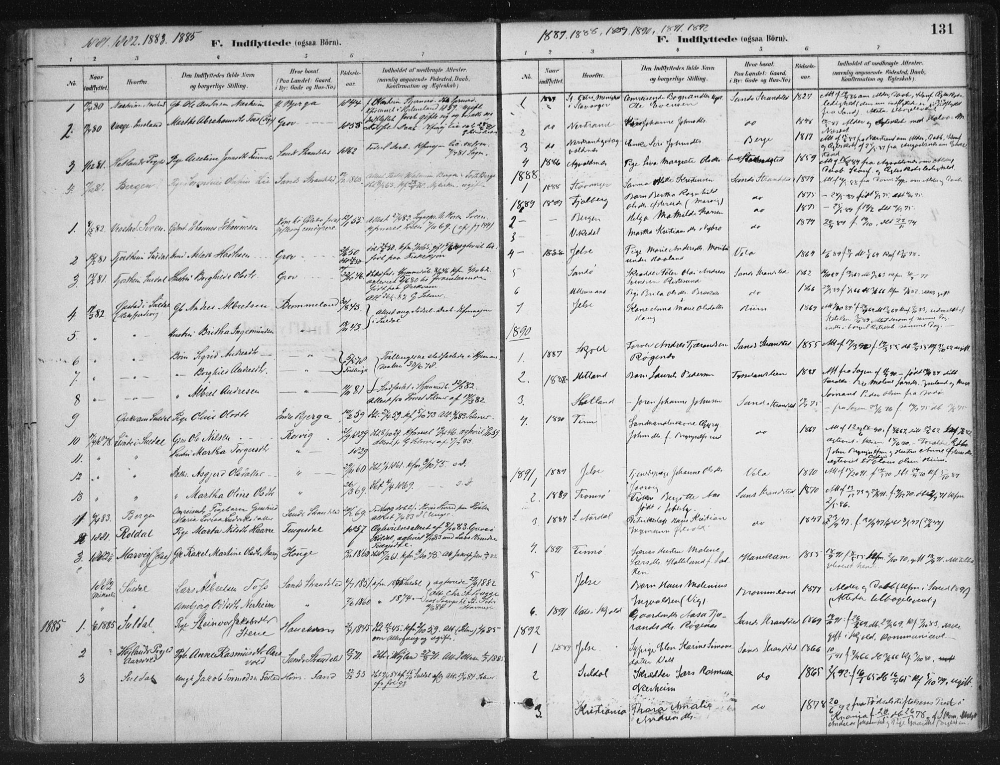 Sand sokneprestkontor, AV/SAST-A-101848/01/III/L0005: Parish register (official) no. A 5, 1880-1898, p. 131