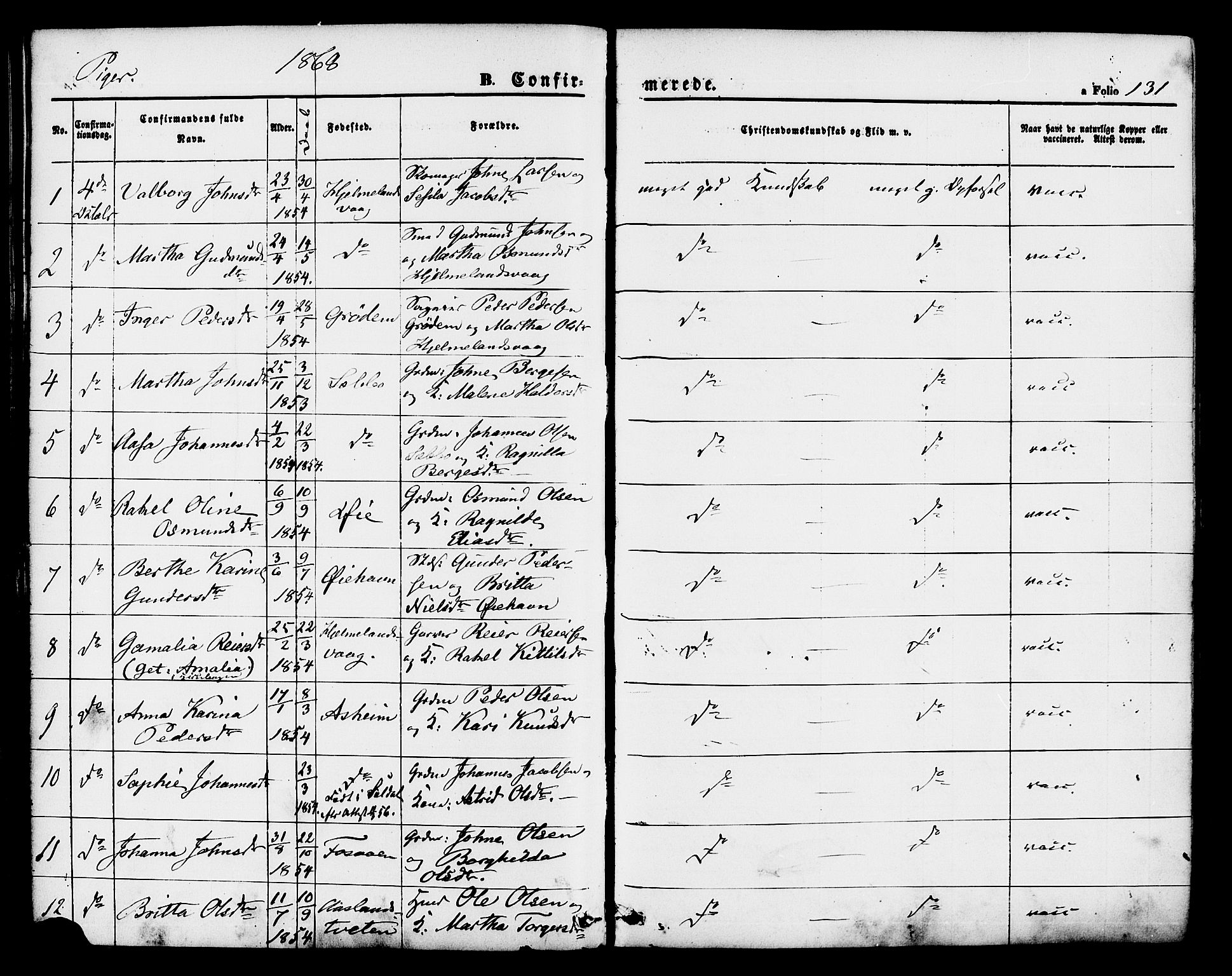 Hjelmeland sokneprestkontor, AV/SAST-A-101843/01/IV/L0011: Parish register (official) no. A 11, 1861-1878, p. 131