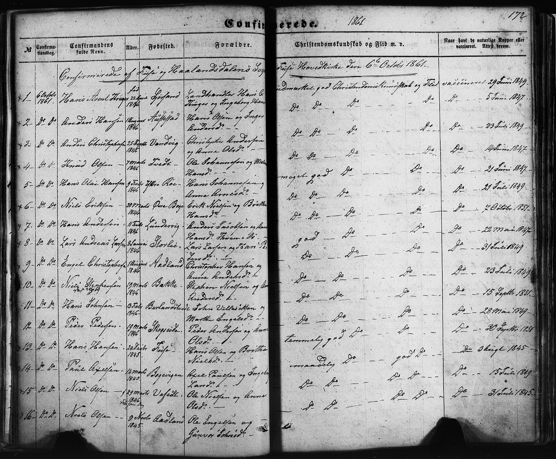 Fusa sokneprestembete, SAB/A-75401/H/Haa: Parish register (official) no. A 1I, 1855-1879, p. 172