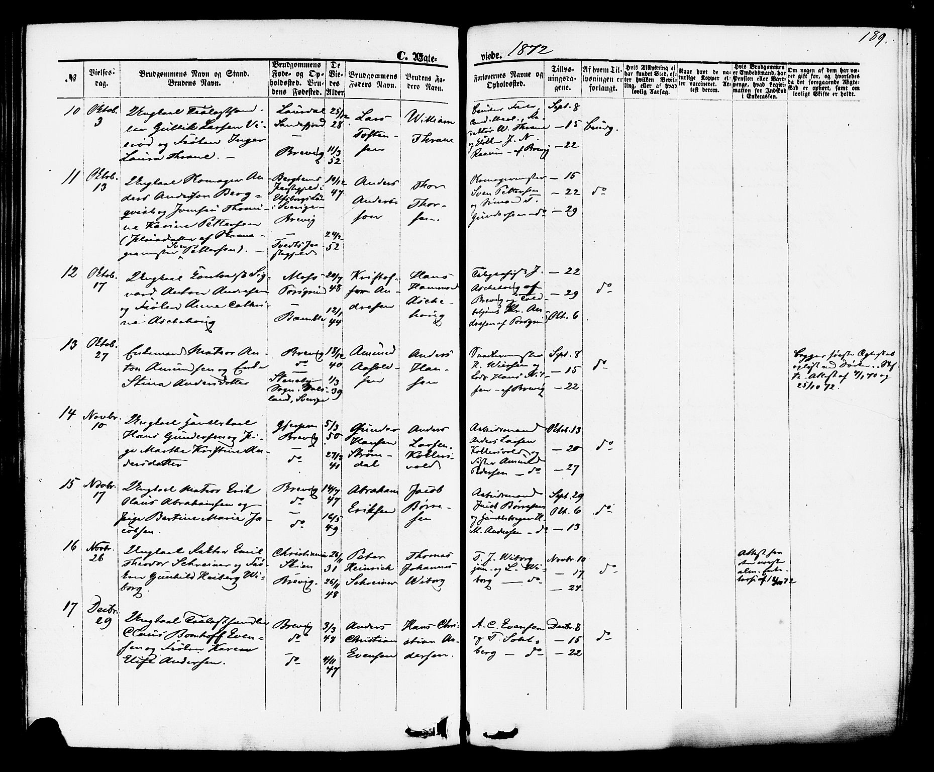 Brevik kirkebøker, SAKO/A-255/F/Fa/L0006: Parish register (official) no. 6, 1866-1881, p. 189