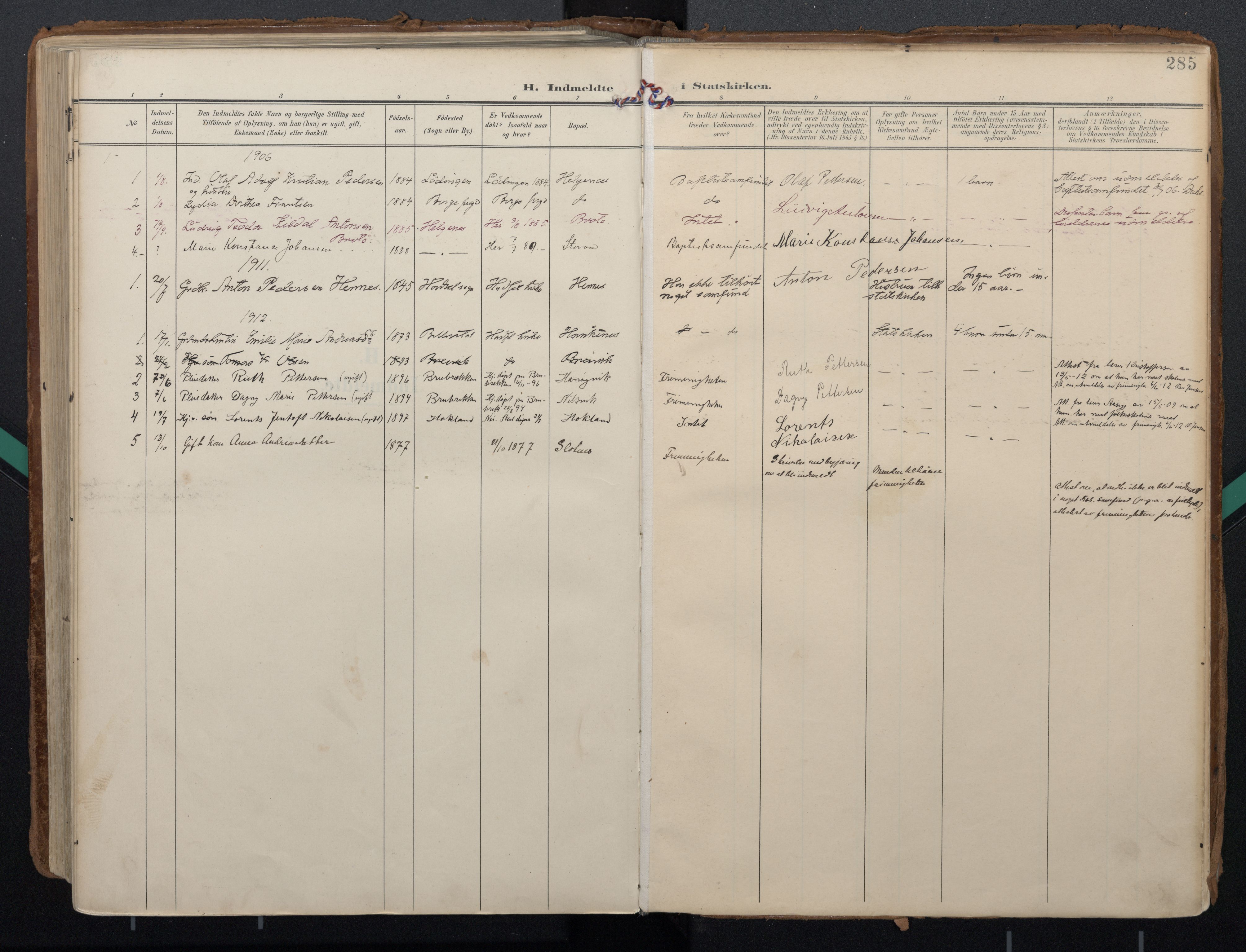 Ministerialprotokoller, klokkerbøker og fødselsregistre - Nordland, AV/SAT-A-1459/888/L1248: Parish register (official) no. 888A14, 1904-1913, p. 285