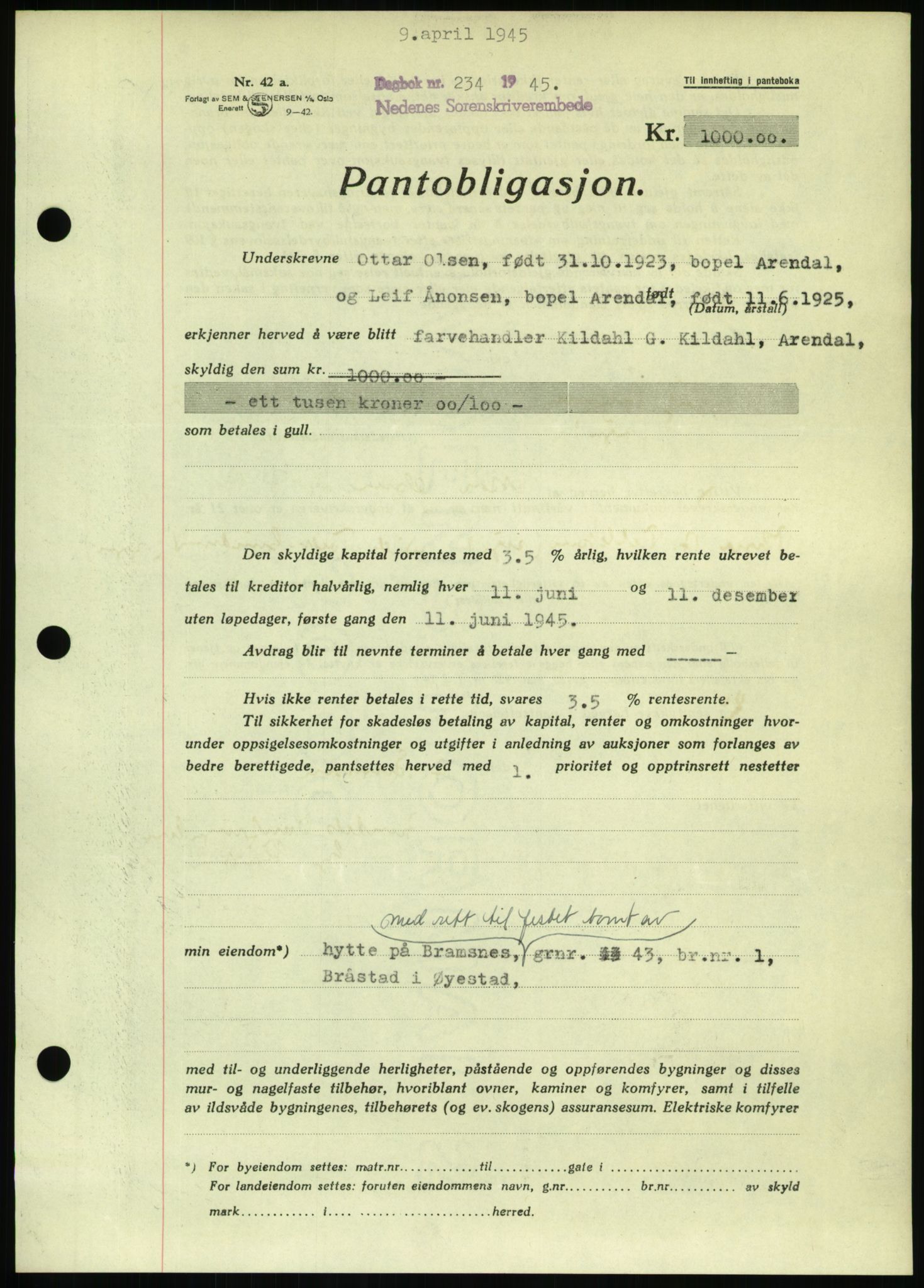 Nedenes sorenskriveri, AV/SAK-1221-0006/G/Gb/Gbb/L0002: Mortgage book no. II, 1942-1945, Diary no: : 234/1945