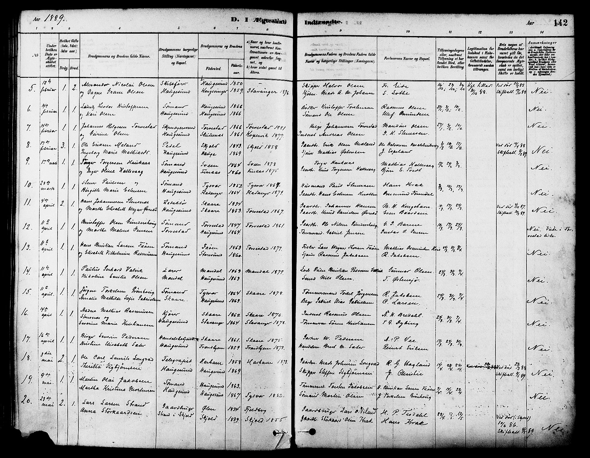 Haugesund sokneprestkontor, AV/SAST-A -101863/H/Ha/Haa/L0003: Parish register (official) no. A 3, 1885-1890, p. 142