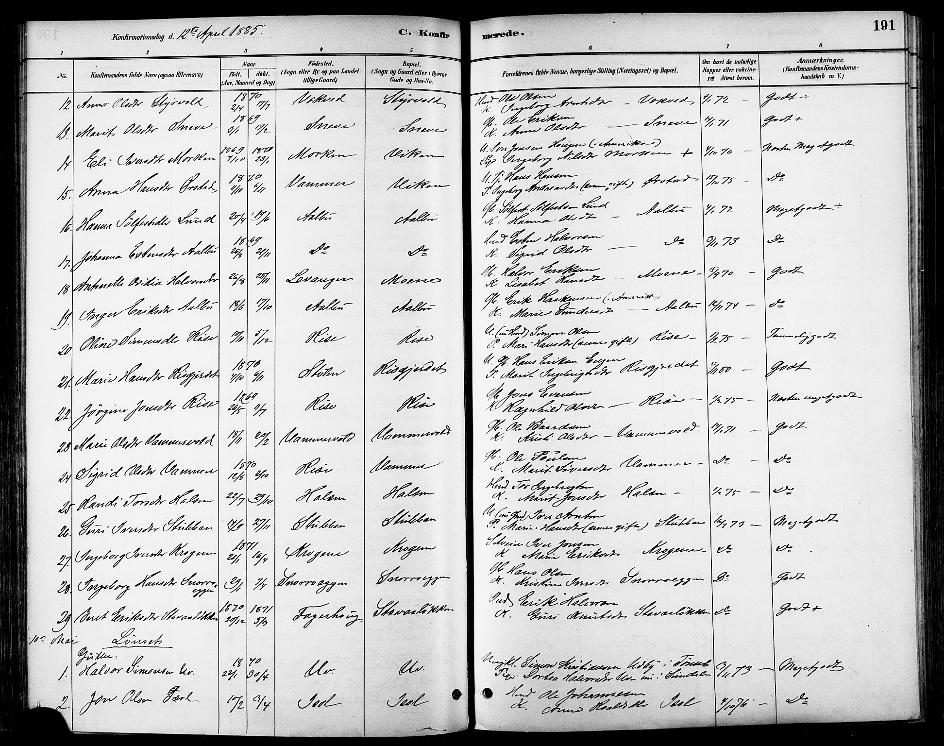 Ministerialprotokoller, klokkerbøker og fødselsregistre - Sør-Trøndelag, AV/SAT-A-1456/678/L0901: Parish register (official) no. 678A10, 1881-1894, p. 191