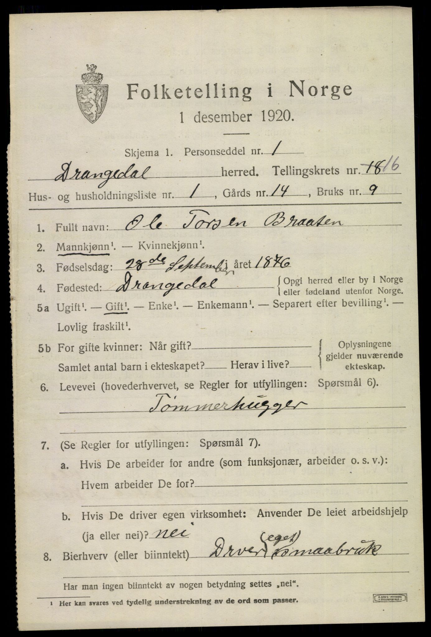 SAKO, 1920 census for Drangedal, 1920, p. 7797