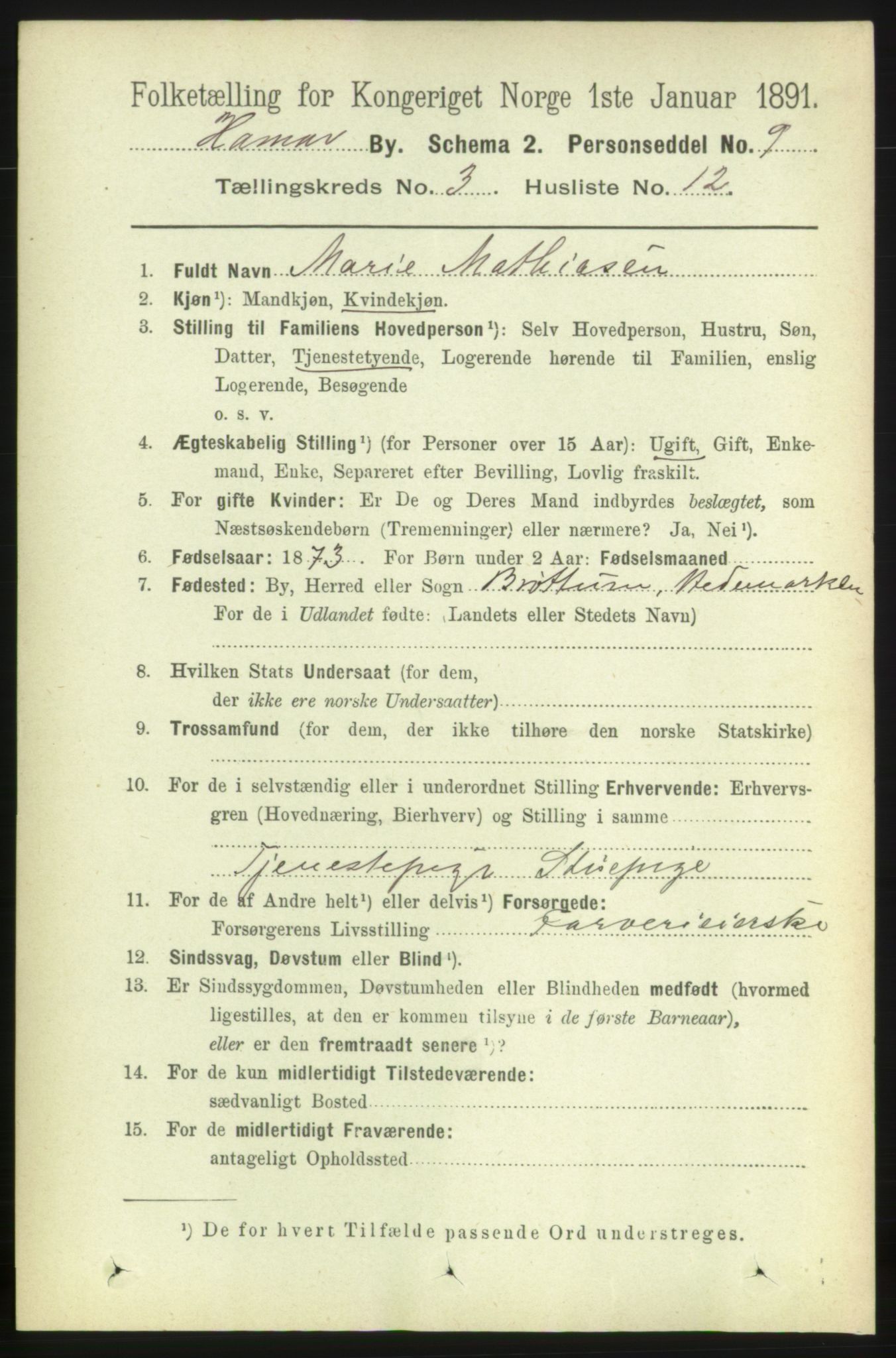RA, 1891 census for 0401 Hamar, 1891, p. 1888