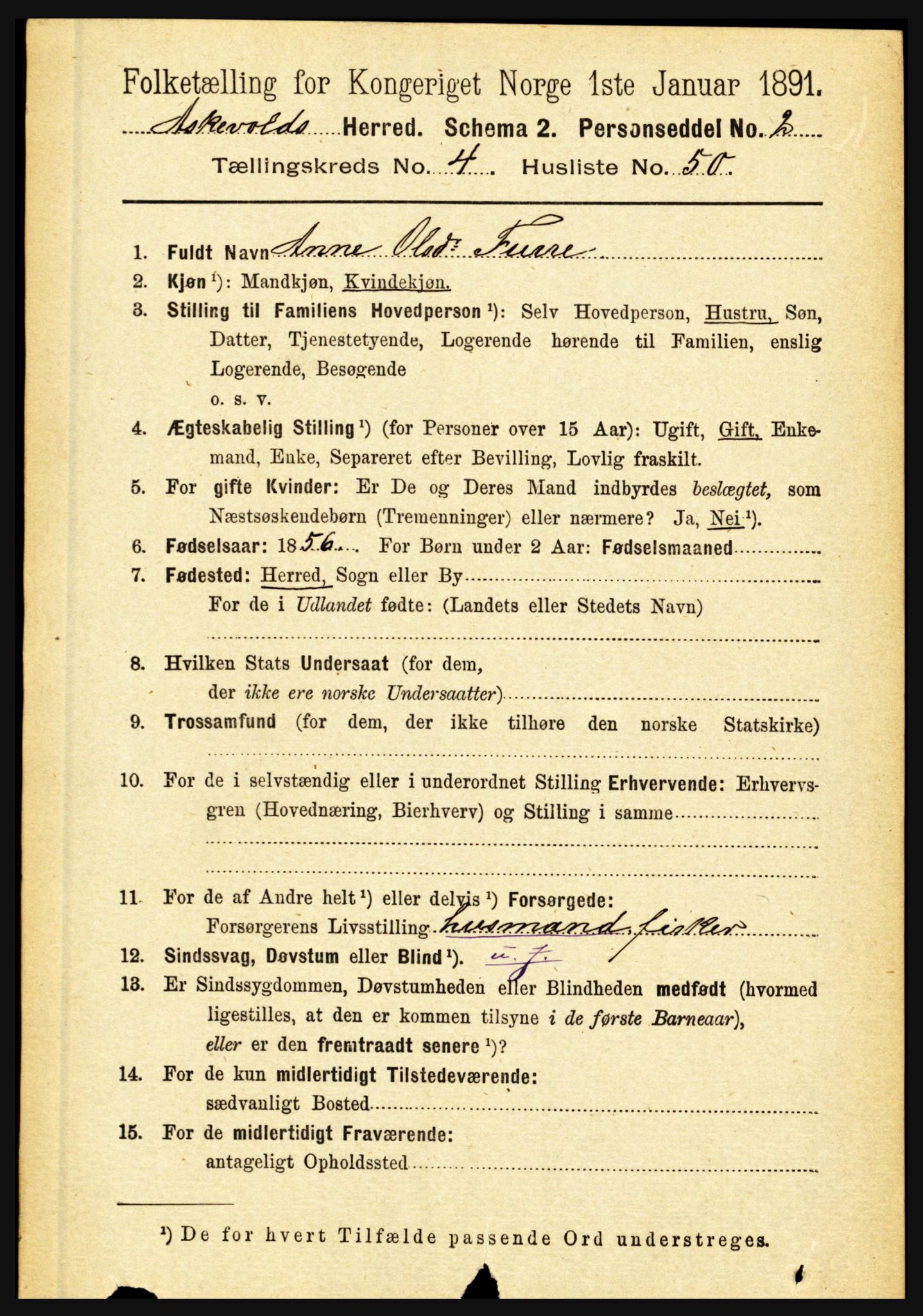 RA, 1891 census for 1428 Askvoll, 1891, p. 1485