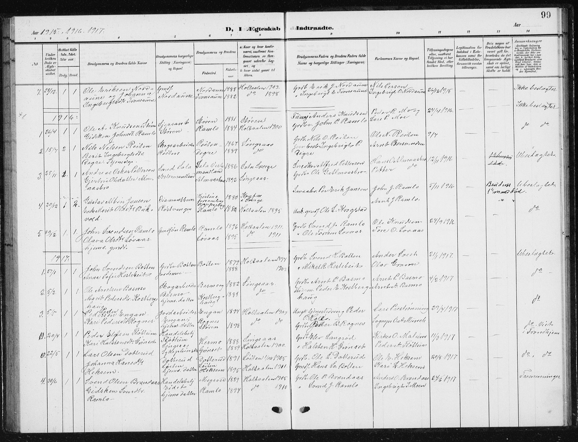 Ministerialprotokoller, klokkerbøker og fødselsregistre - Sør-Trøndelag, SAT/A-1456/685/L0979: Parish register (copy) no. 685C04, 1908-1933, p. 99