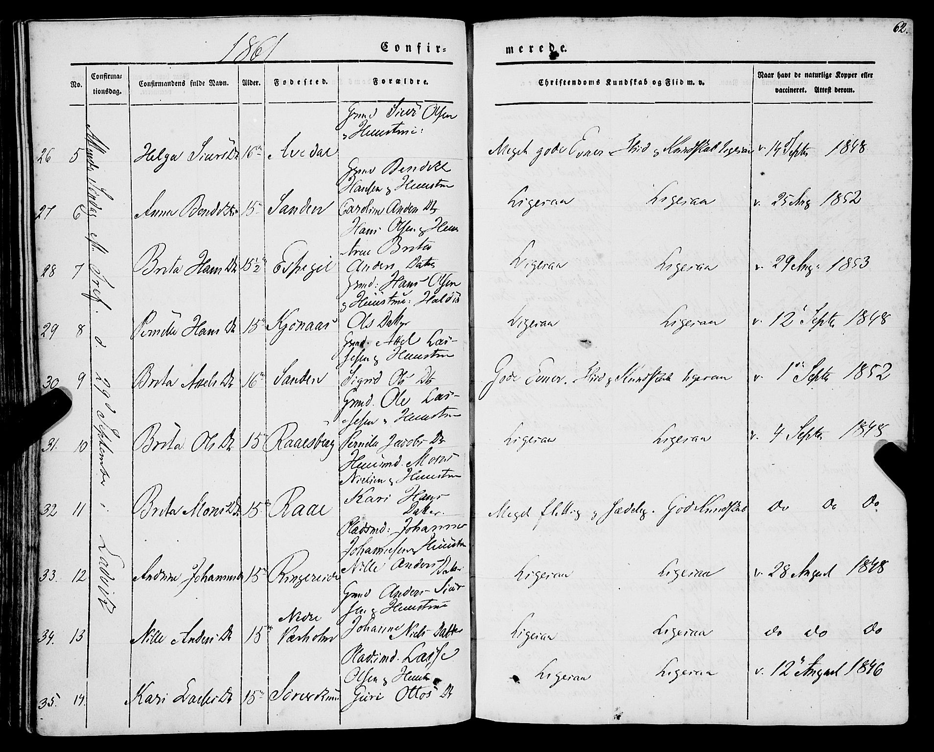 Lavik sokneprestembete, AV/SAB-A-80901: Parish register (official) no. A 3, 1843-1863, p. 62