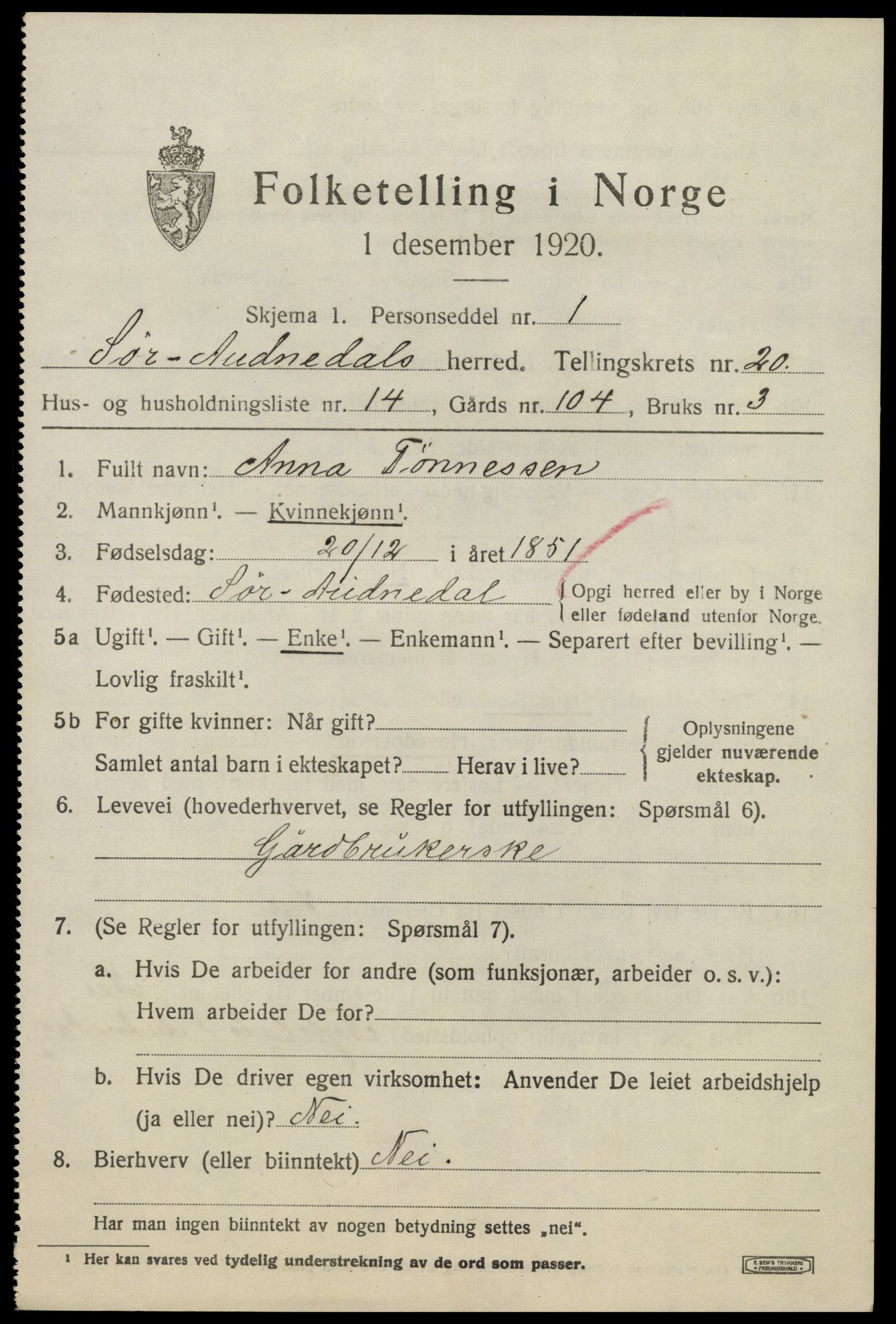 SAK, 1920 census for Sør-Audnedal, 1920, p. 6835