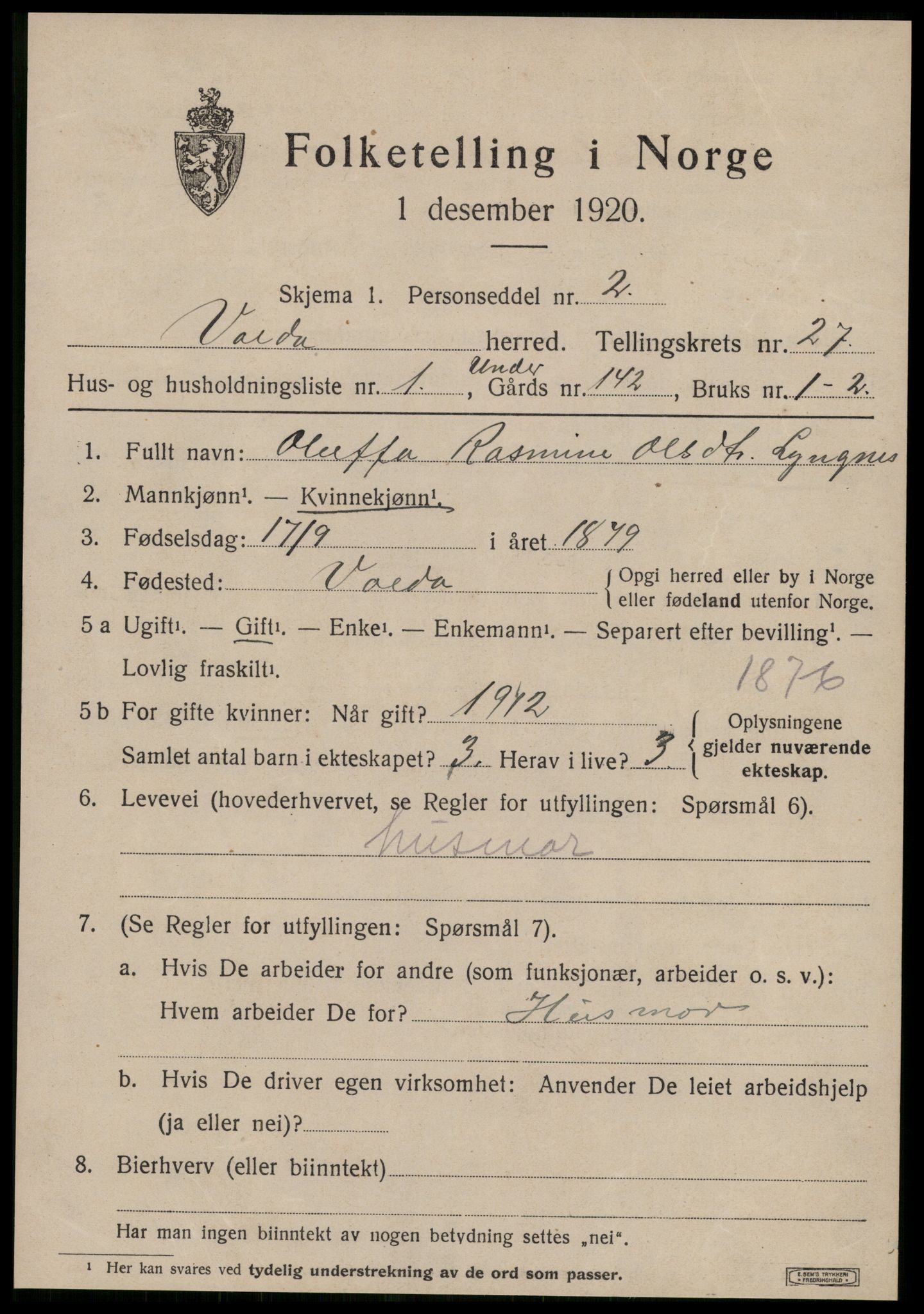 SAT, 1920 census for Volda, 1920, p. 12498