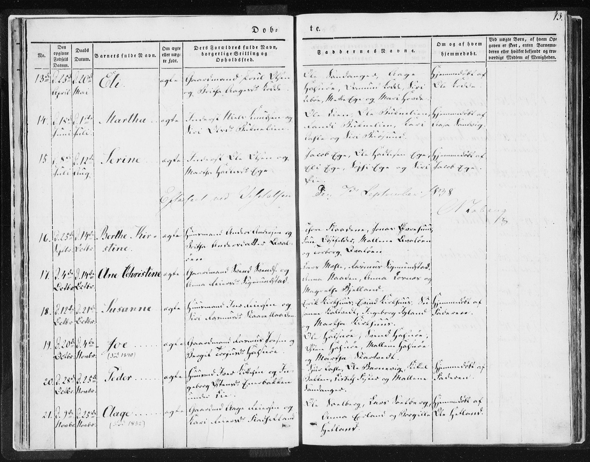 Hjelmeland sokneprestkontor, AV/SAST-A-101843/01/IV/L0007: Parish register (official) no. A 7, 1834-1850, p. 13