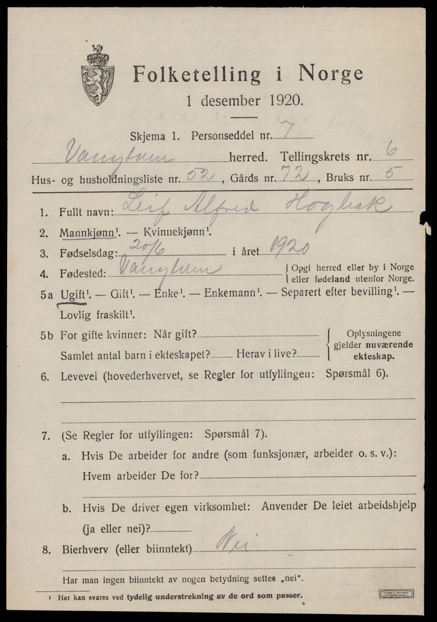 SAT, 1920 census for Vanylven, 1920, p. 4015