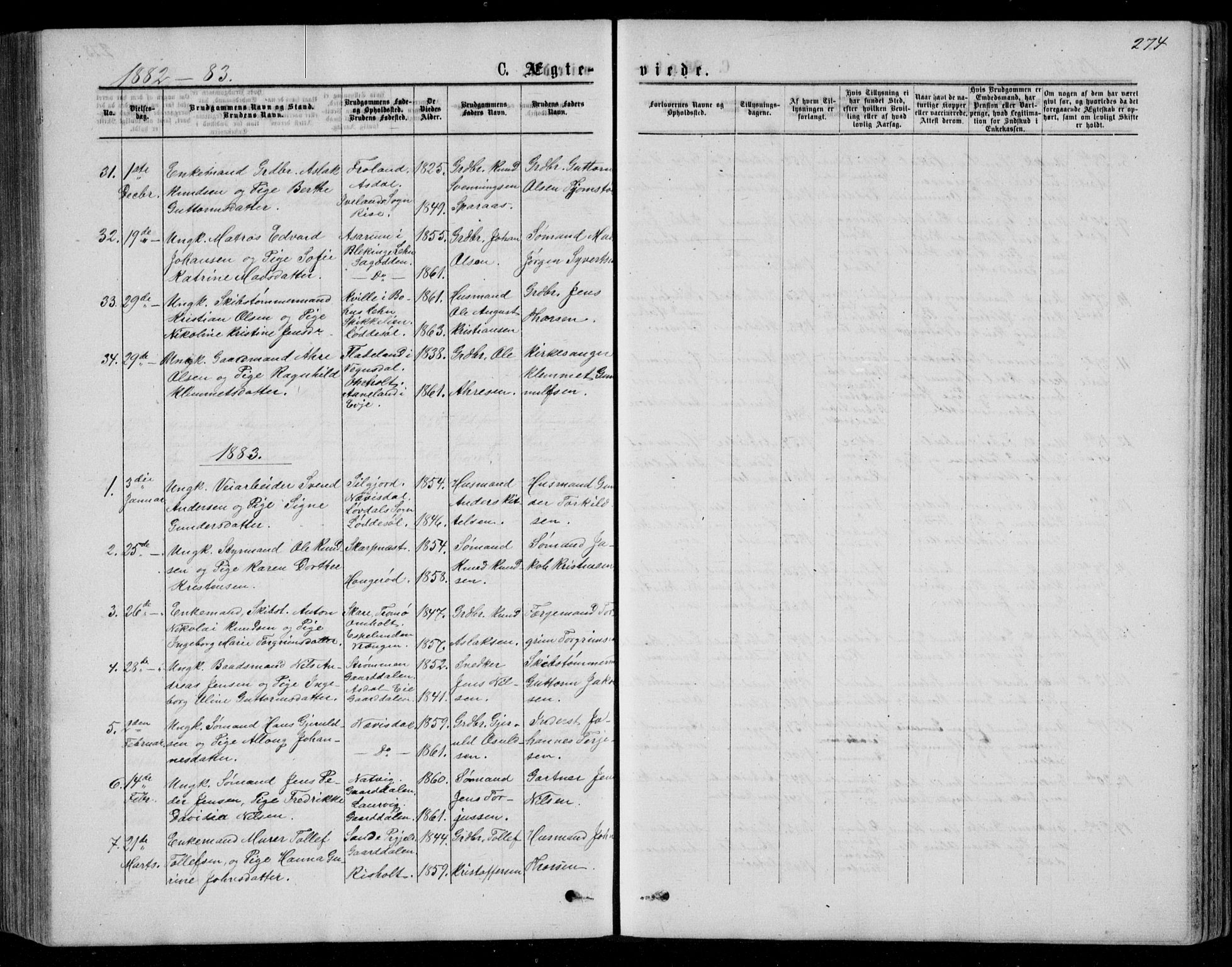 Øyestad sokneprestkontor, AV/SAK-1111-0049/F/Fb/L0008: Parish register (copy) no. B 8, 1872-1886, p. 274