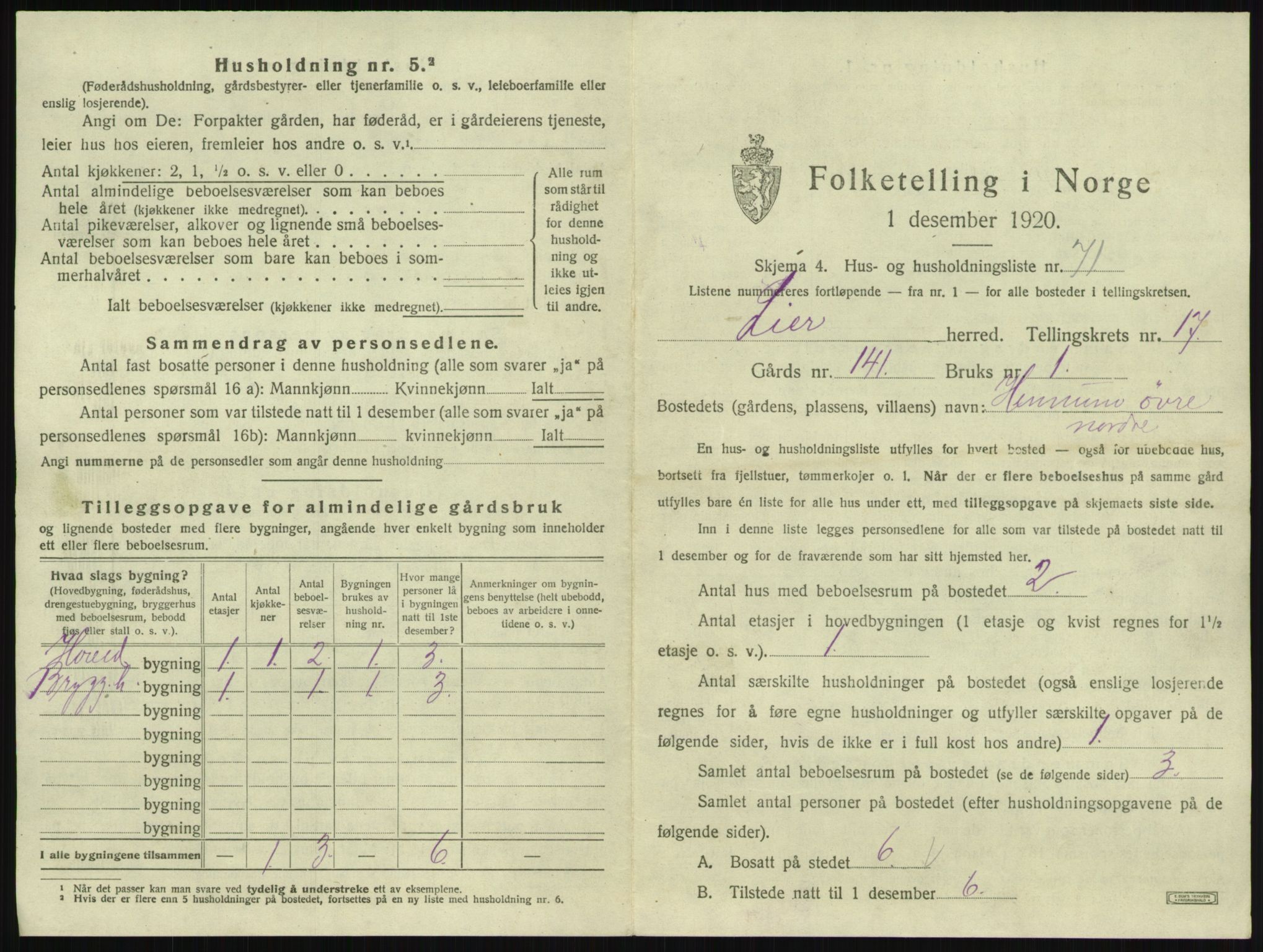 SAKO, 1920 census for Lier, 1920, p. 3039