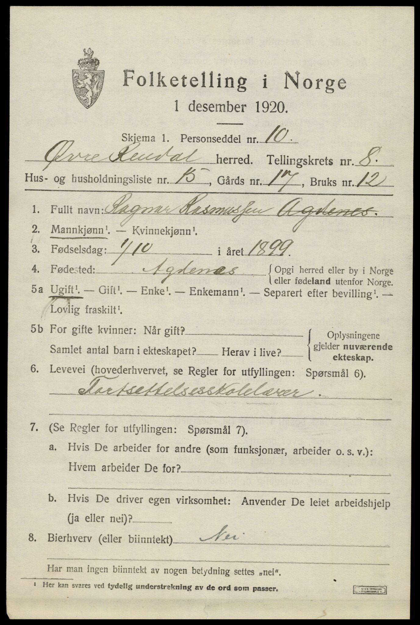 SAH, 1920 census for Øvre Rendal, 1920, p. 3031