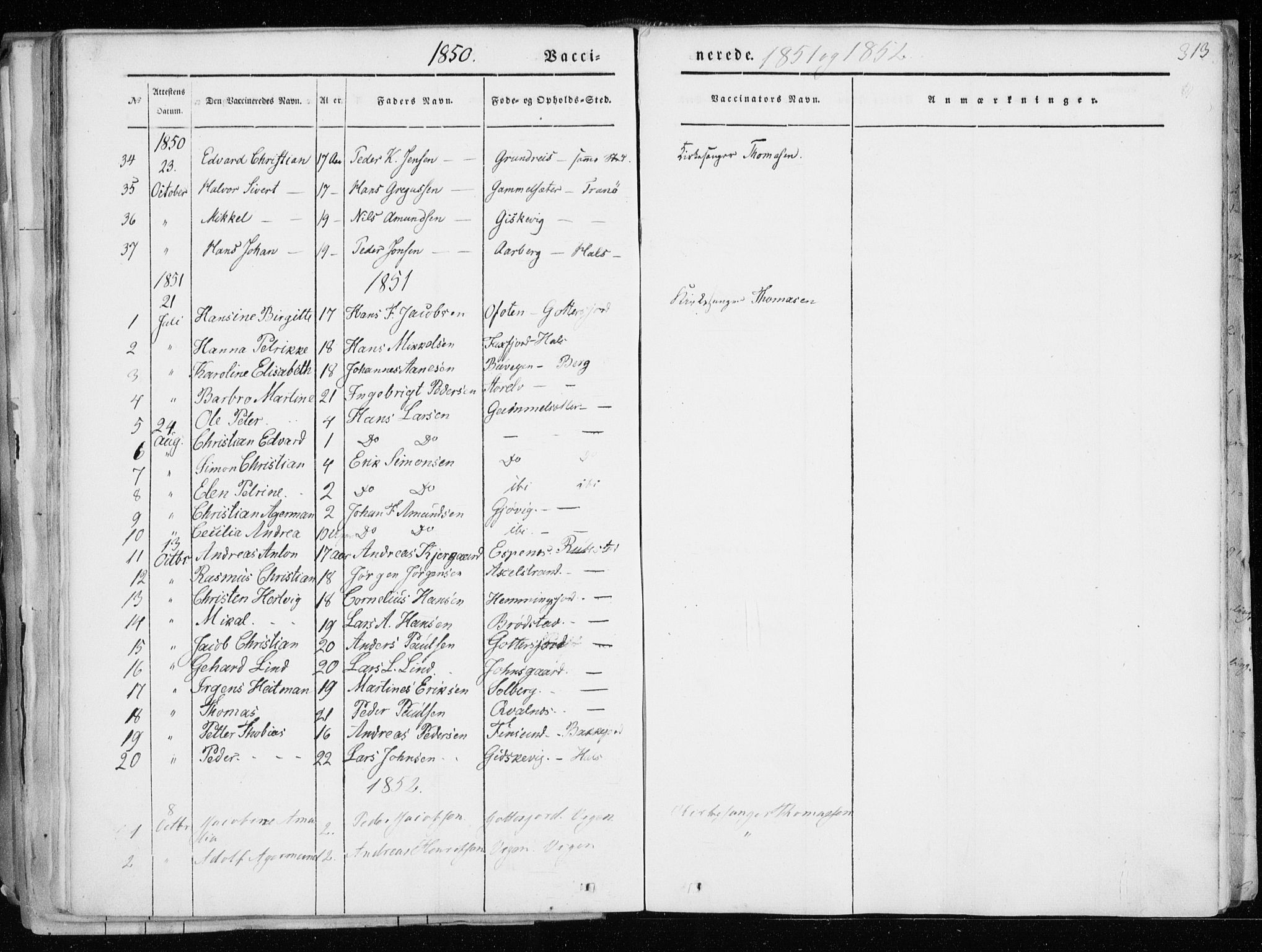 Tranøy sokneprestkontor, SATØ/S-1313/I/Ia/Iaa/L0006kirke: Parish register (official) no. 6, 1844-1855, p. 313