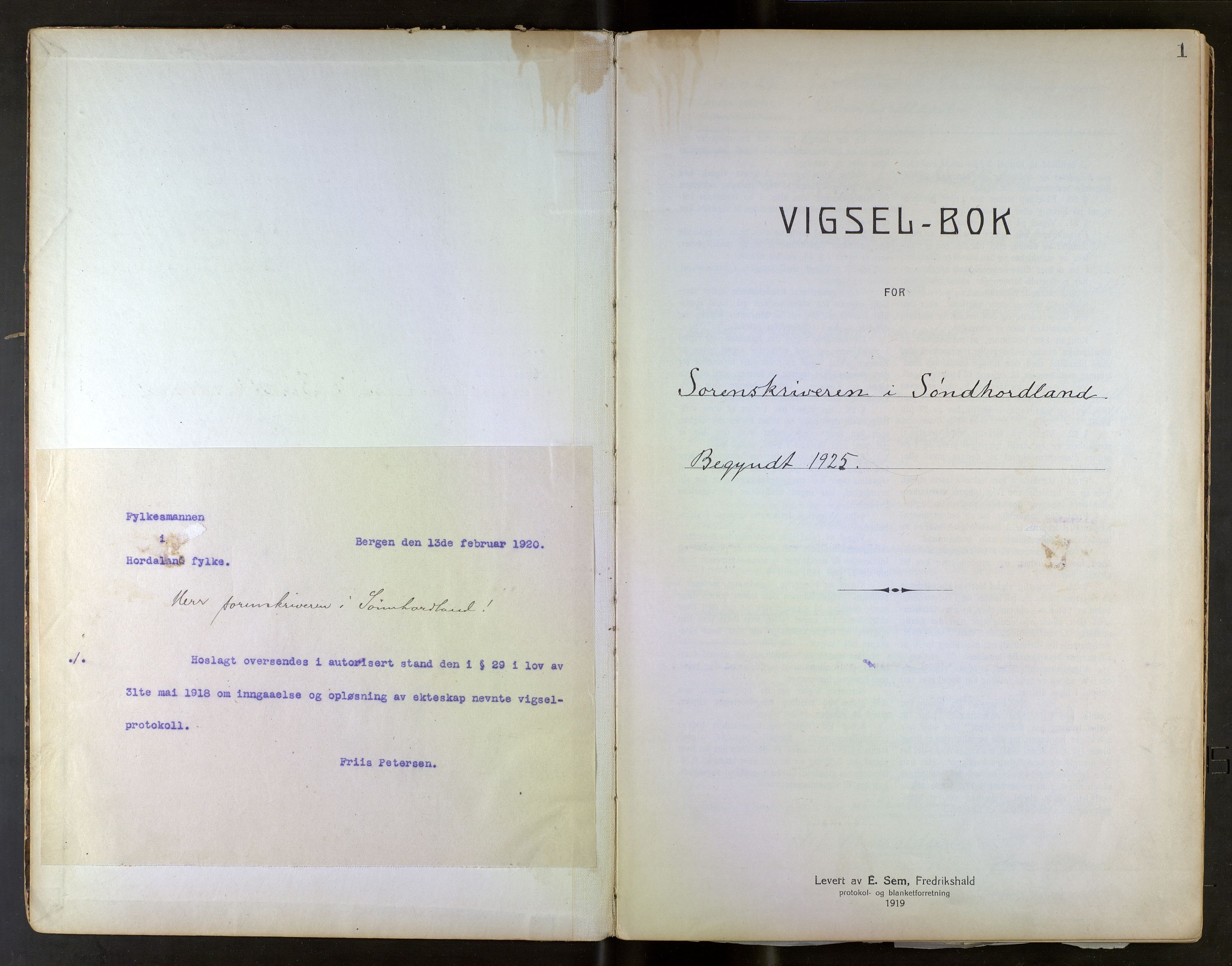 Sunnhordland sorenskrivar, SAB/A-2401/2/I/Ia/L0001: Vigselsbok, 1925-1943, p. 1a