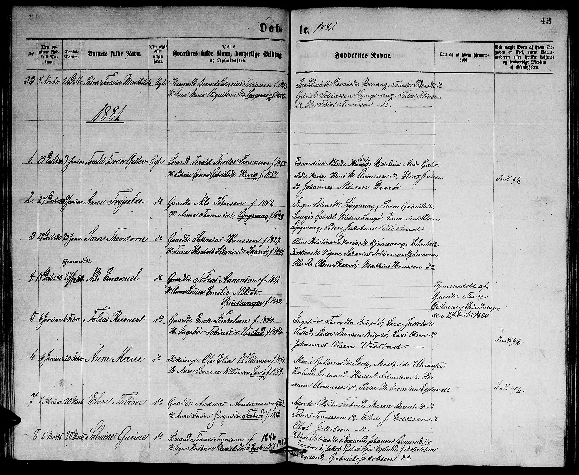 Herad sokneprestkontor, AV/SAK-1111-0018/F/Fb/Fbb/L0003: Parish register (copy) no. B 3, 1872-1889, p. 43