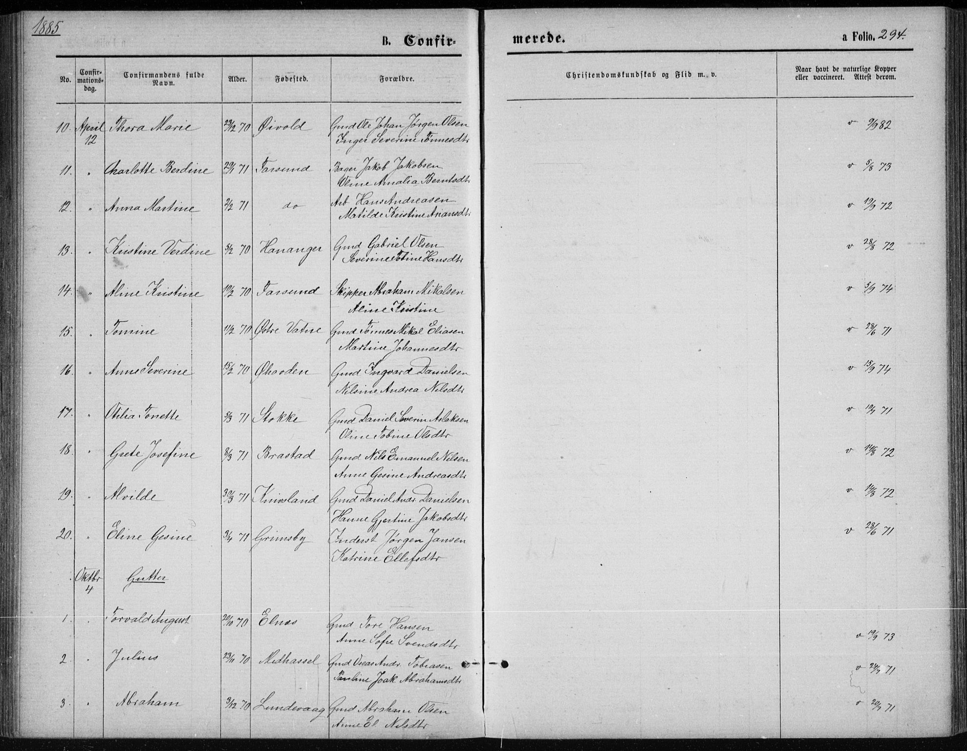 Lista sokneprestkontor, SAK/1111-0027/F/Fb/L0004: Parish register (copy) no. B 4, 1877-1891, p. 294