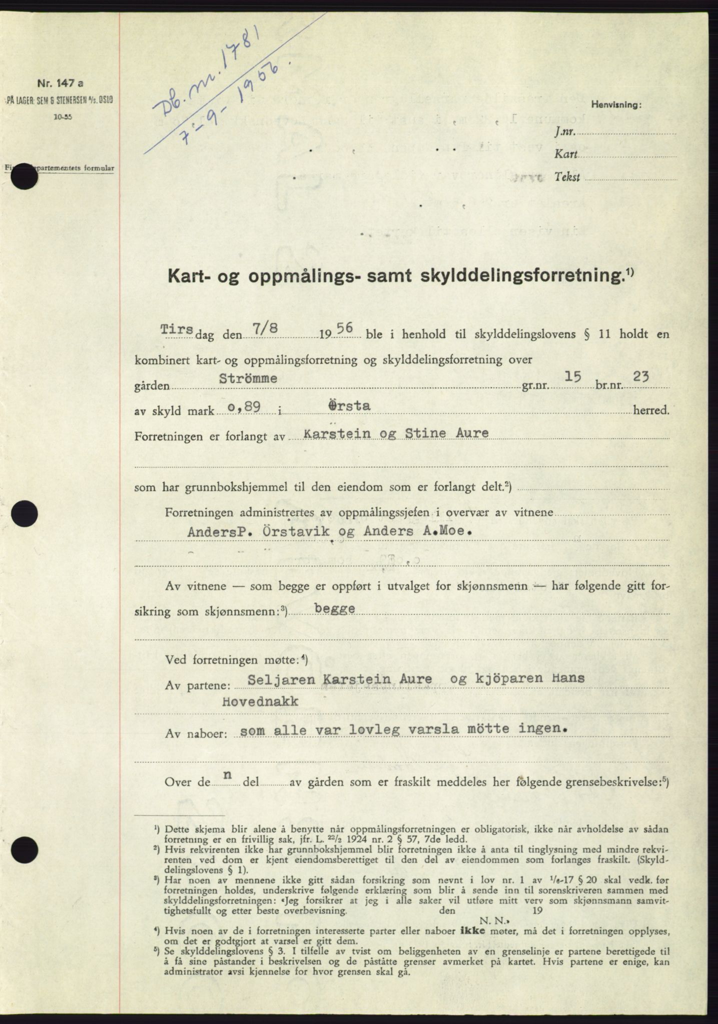 Søre Sunnmøre sorenskriveri, AV/SAT-A-4122/1/2/2C/L0104: Mortgage book no. 30A, 1956-1956, Diary no: : 1781/1956