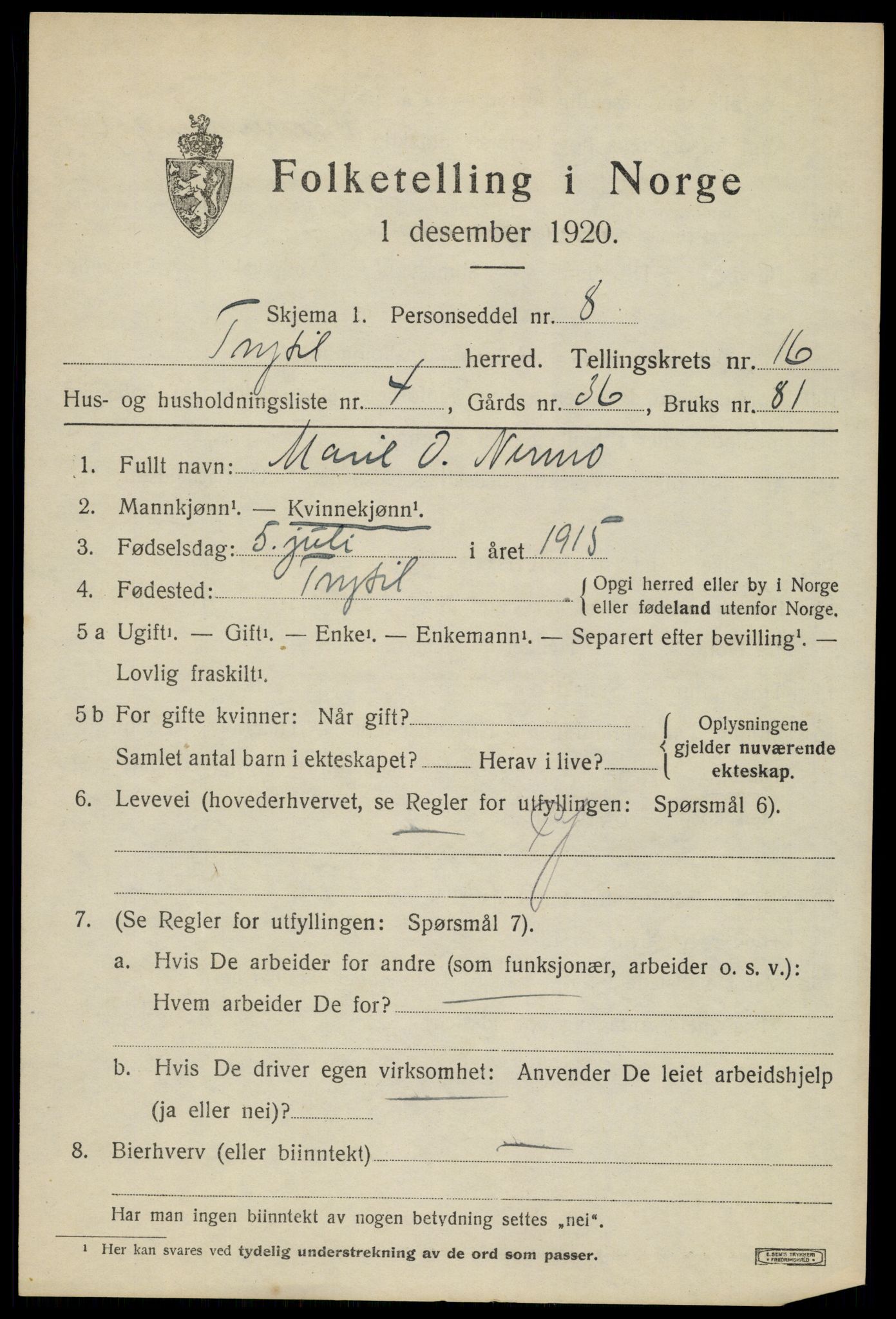 SAH, 1920 census for Trysil, 1920, p. 9481