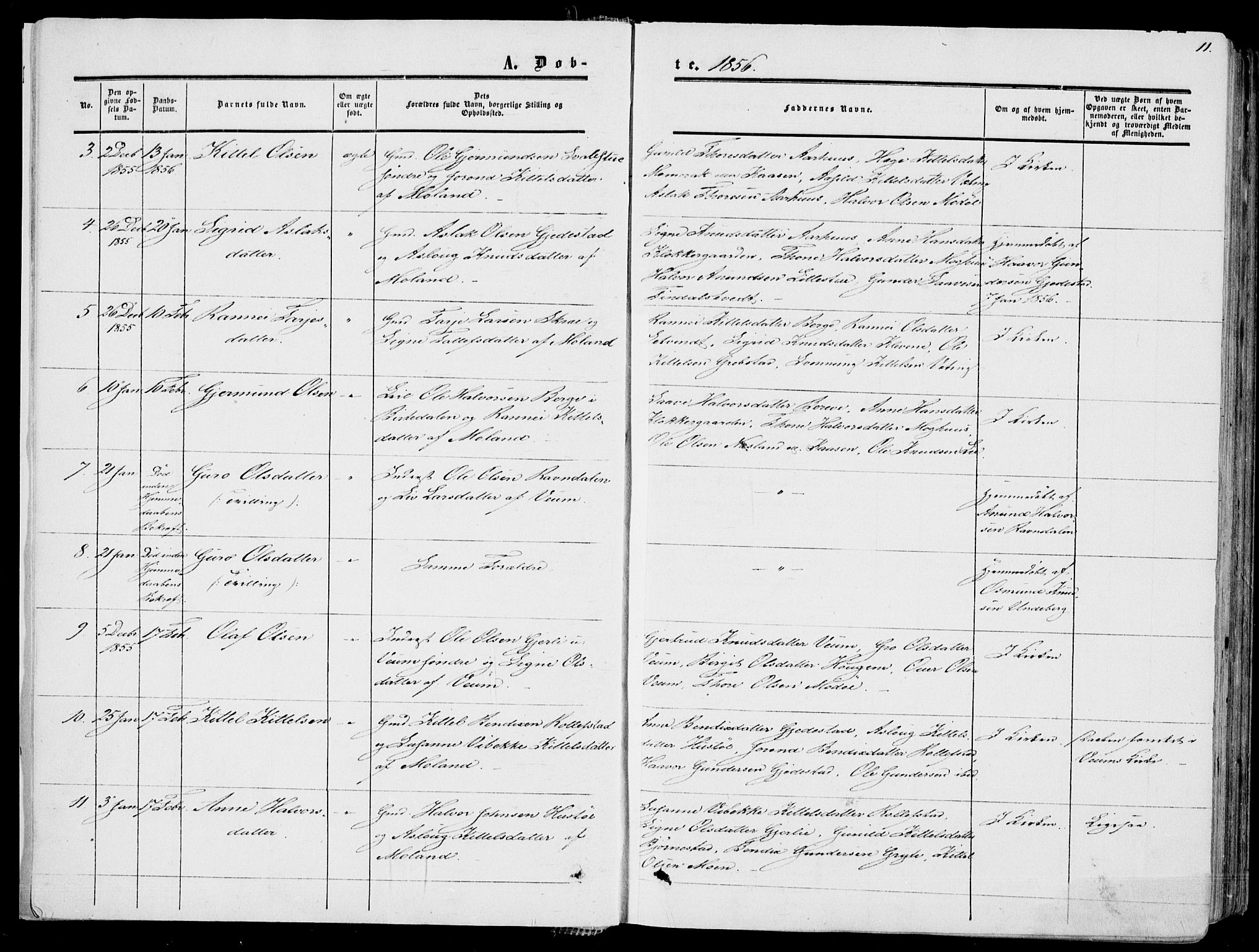 Fyresdal kirkebøker, SAKO/A-263/F/Fa/L0005: Parish register (official) no. I 5, 1855-1871, p. 11