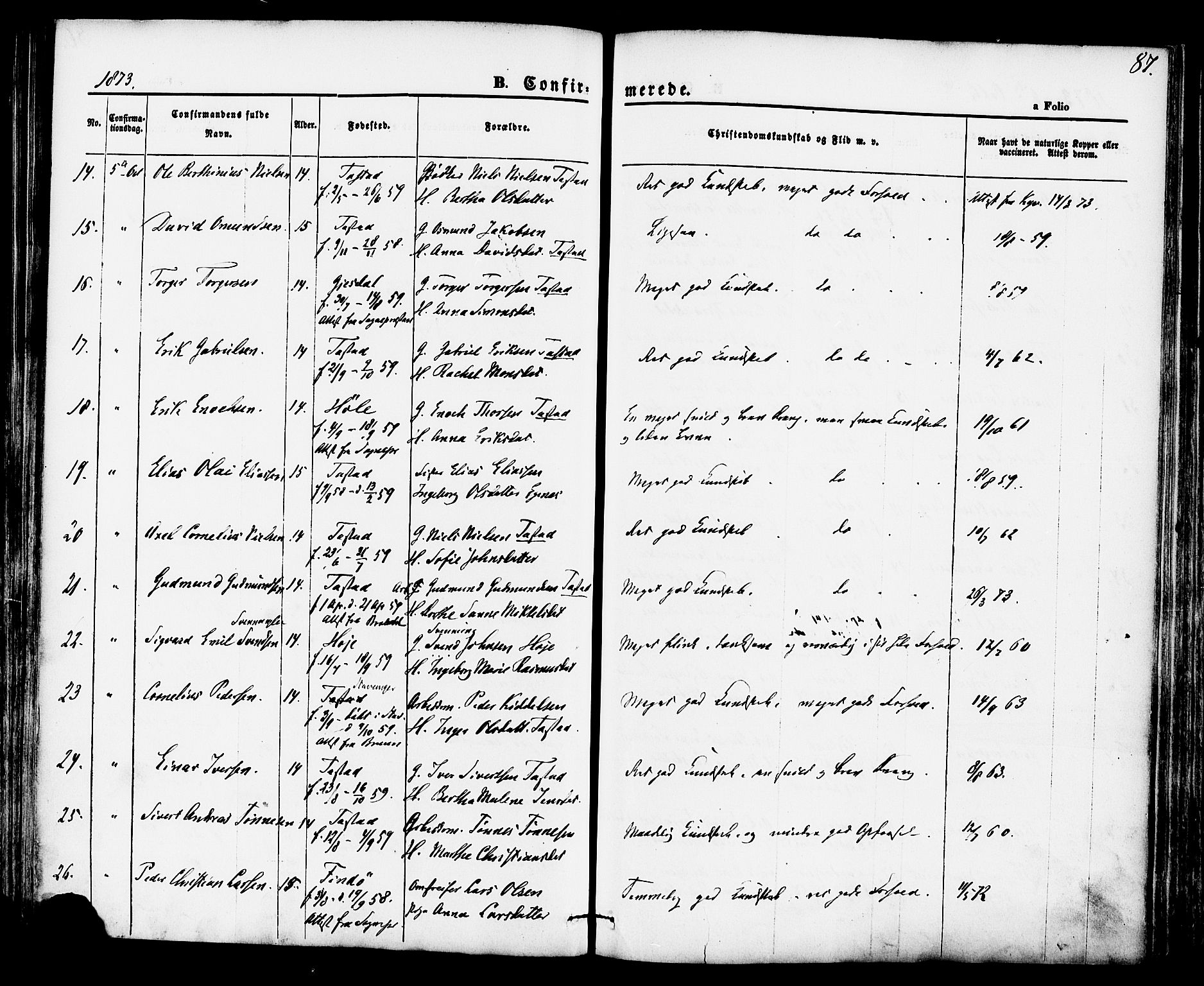 Hetland sokneprestkontor, AV/SAST-A-101826/30/30BA/L0004: Parish register (official) no. A 4, 1862-1881, p. 87