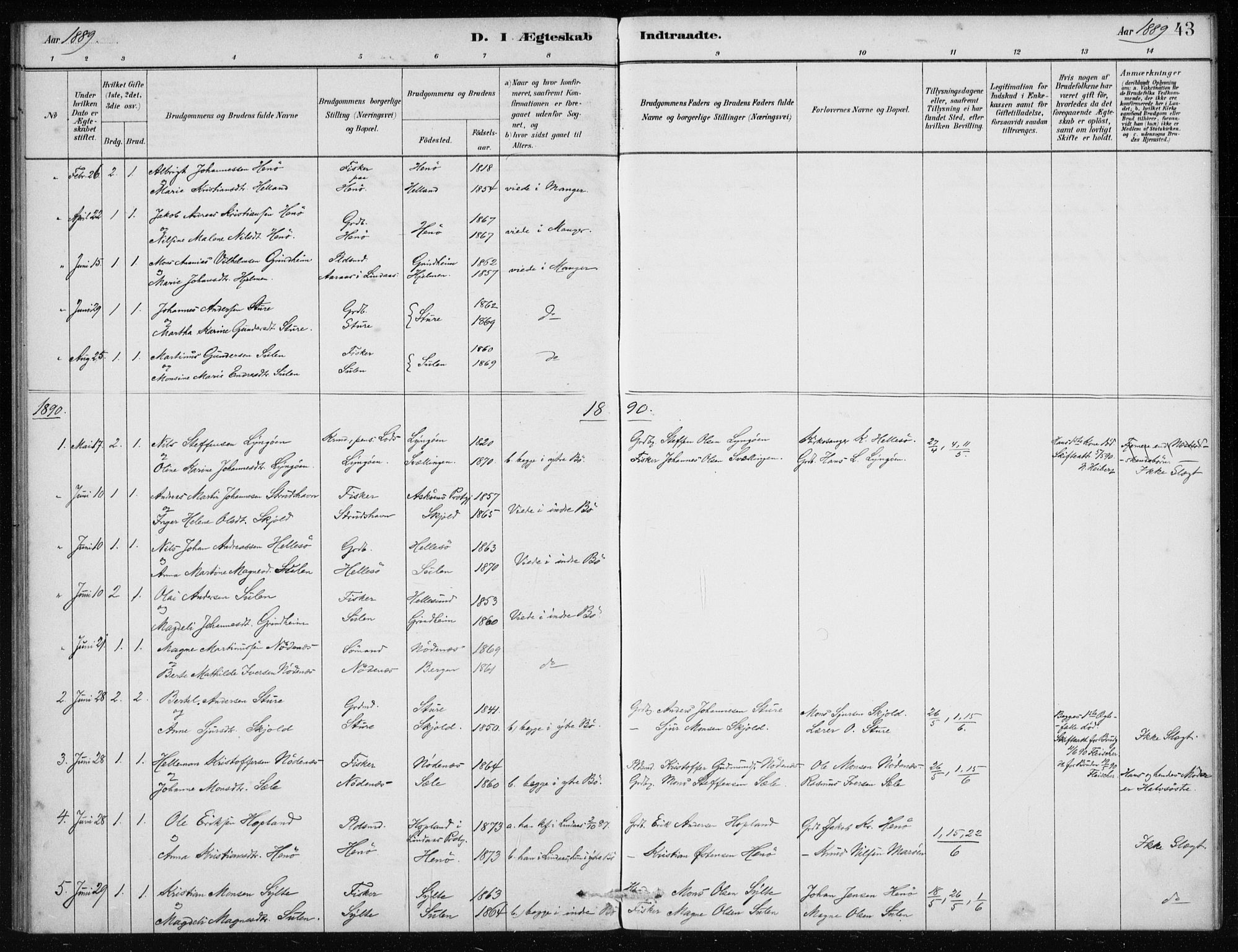 Manger sokneprestembete, SAB/A-76801/H/Haa: Parish register (official) no. E  1, 1881-1890, p. 43