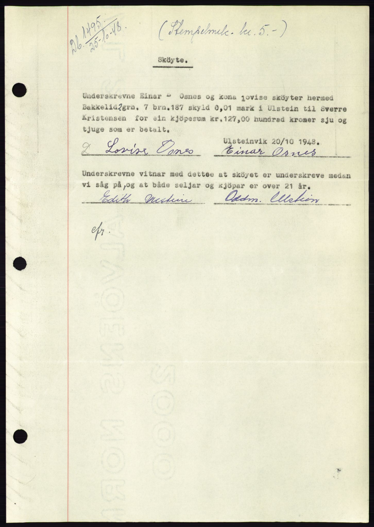 Søre Sunnmøre sorenskriveri, AV/SAT-A-4122/1/2/2C/L0083: Mortgage book no. 9A, 1948-1949, Diary no: : 1495/1948