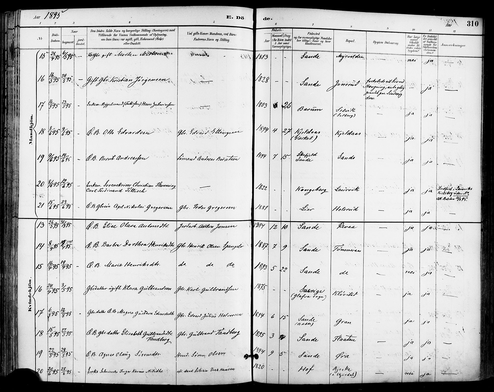 Sande Kirkebøker, AV/SAKO-A-53/F/Fa/L0007: Parish register (official) no. 7, 1888-1903, p. 310