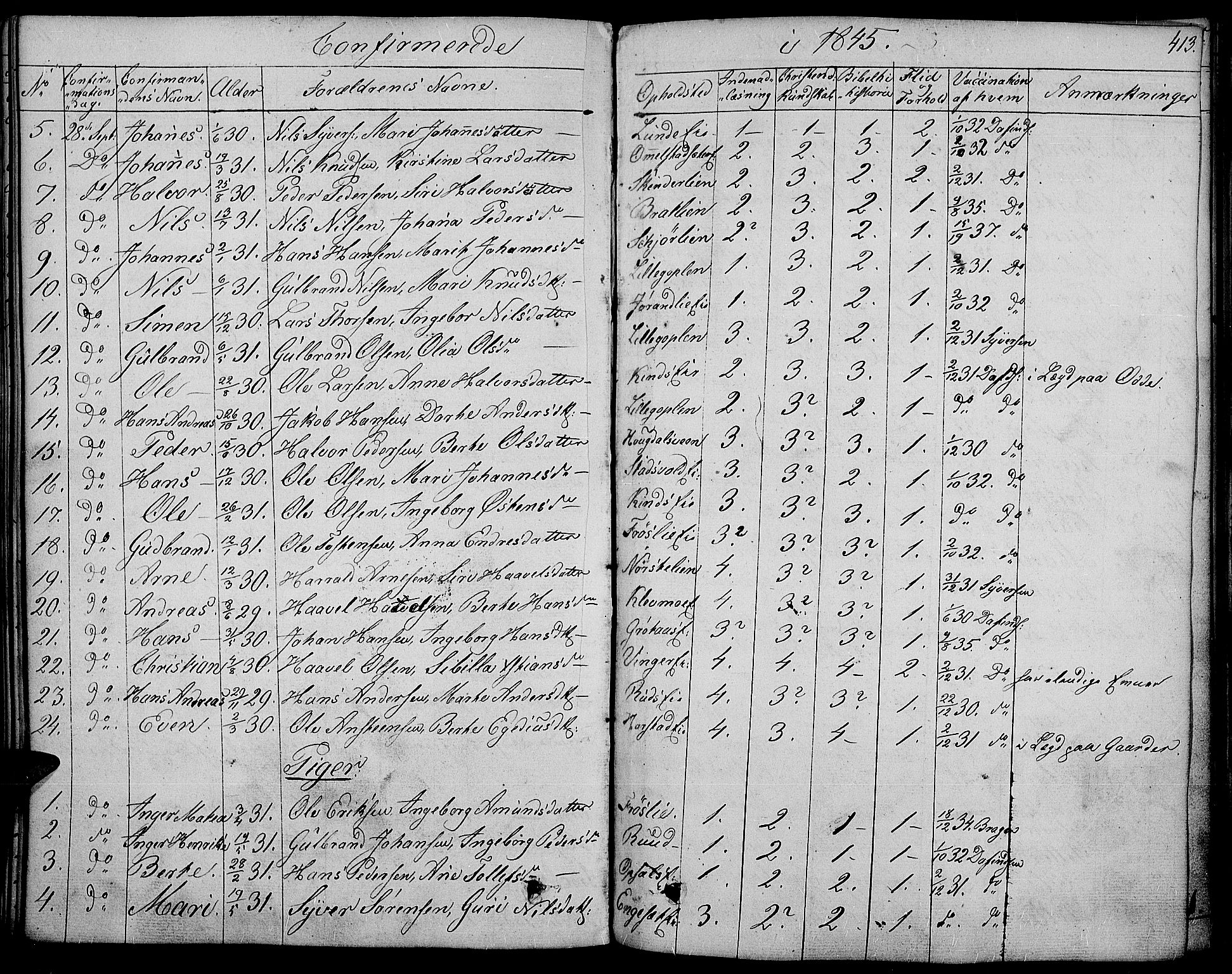 Land prestekontor, SAH/PREST-120/H/Ha/Haa/L0008: Parish register (official) no. 8, 1830-1846, p. 413