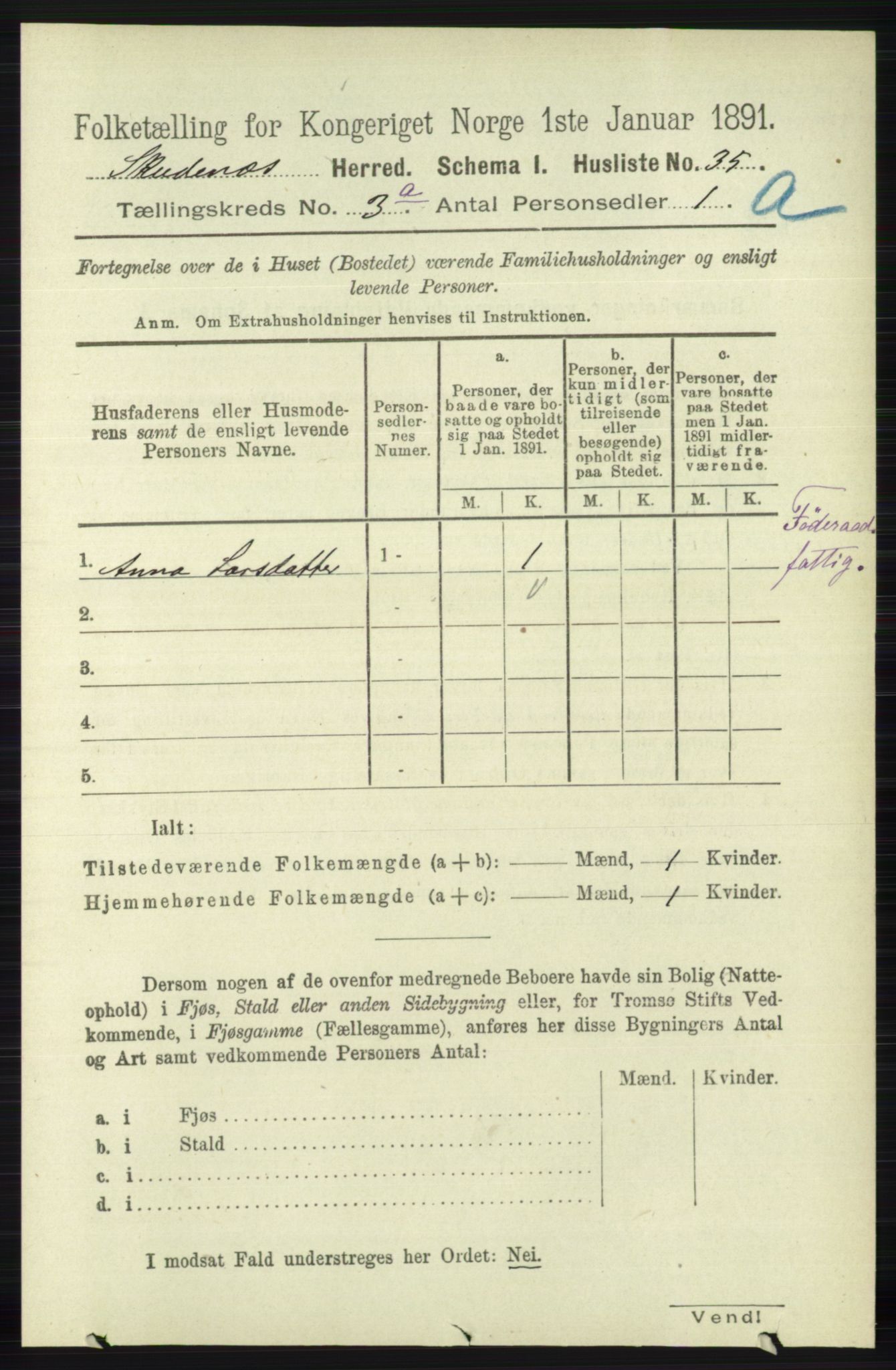 RA, 1891 census for 1150 Skudenes, 1891, p. 1365