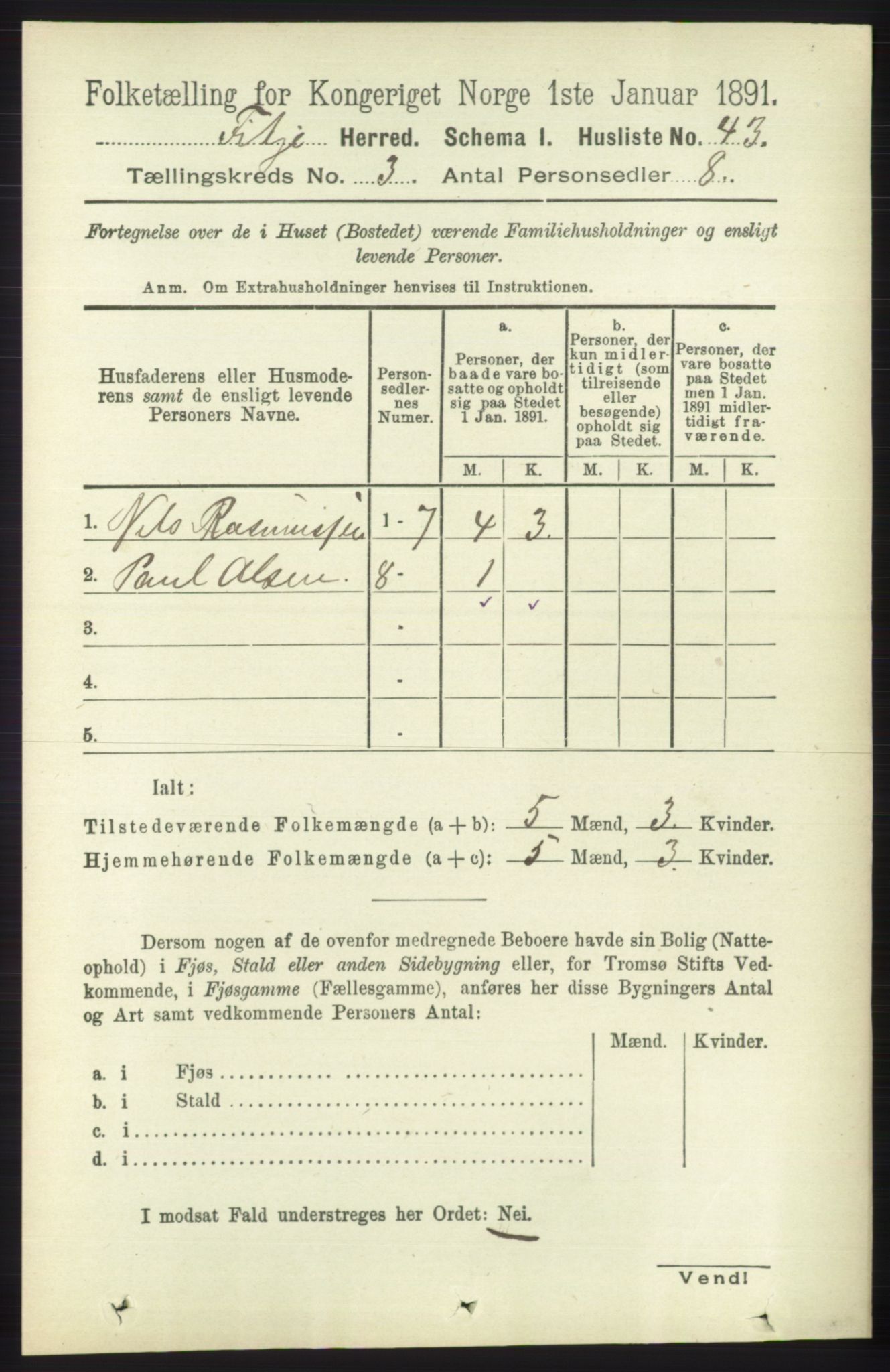 RA, 1891 census for 1222 Fitjar, 1891, p. 1012