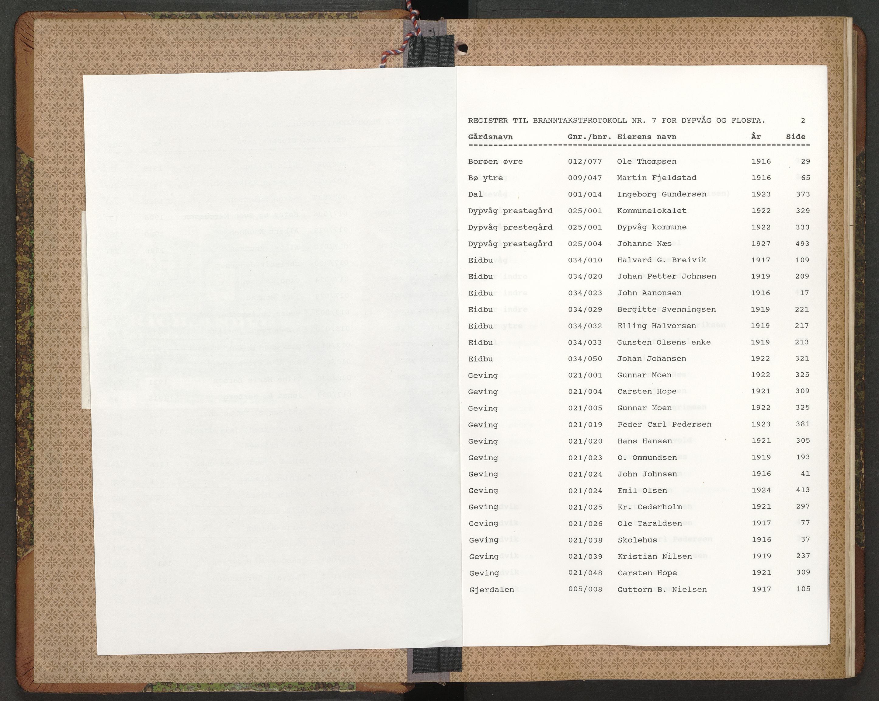 Norges Brannkasse Dypvåg og Flosta, AV/SAK-2241-0008/F/Fa/L0007: Branntakstprotokoll nr. 7 med gårdsnavnregister, 1916-1927